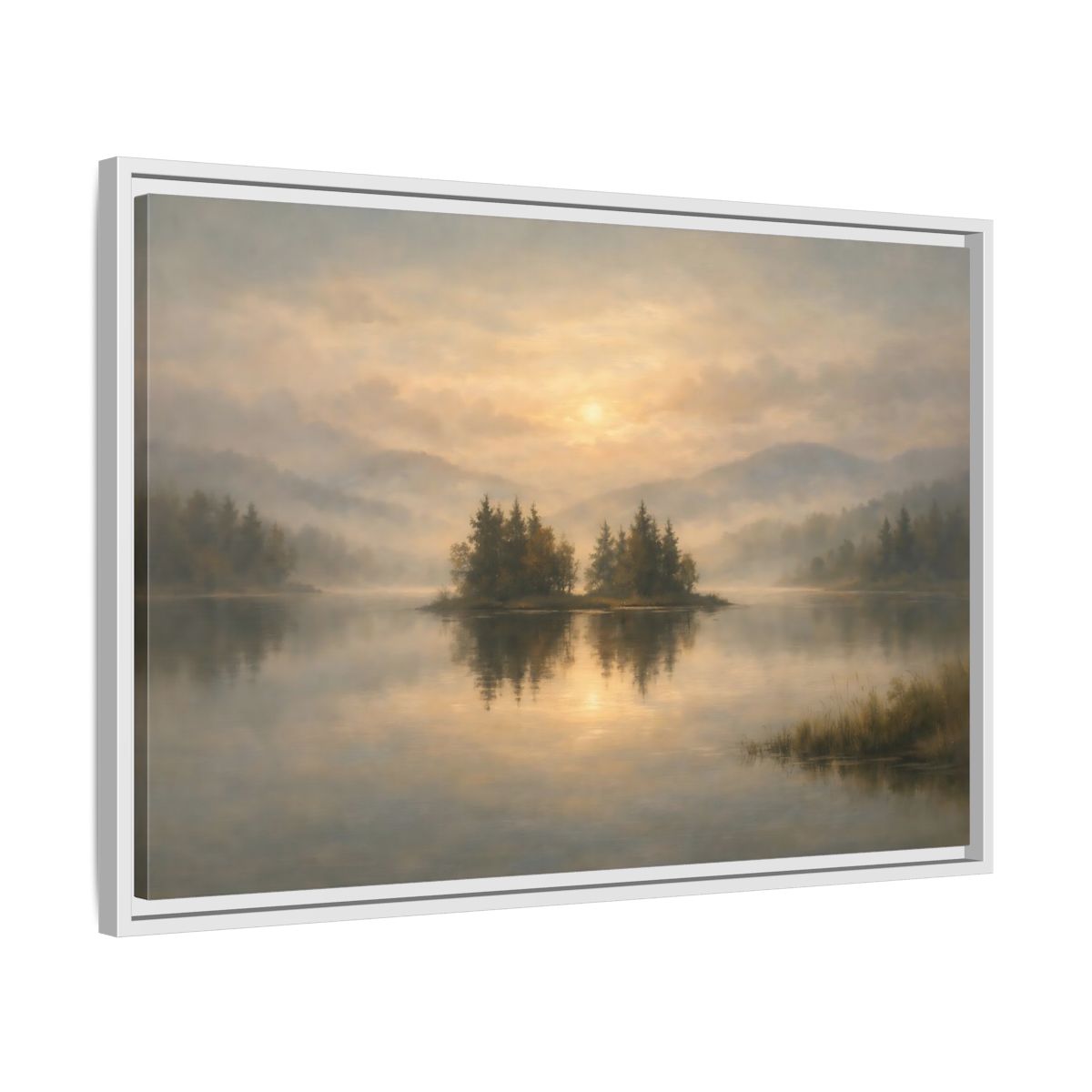 Side Mockup 10. Nature Misty Lake Misty Lake Sunrise shown as stretched canvas wall art