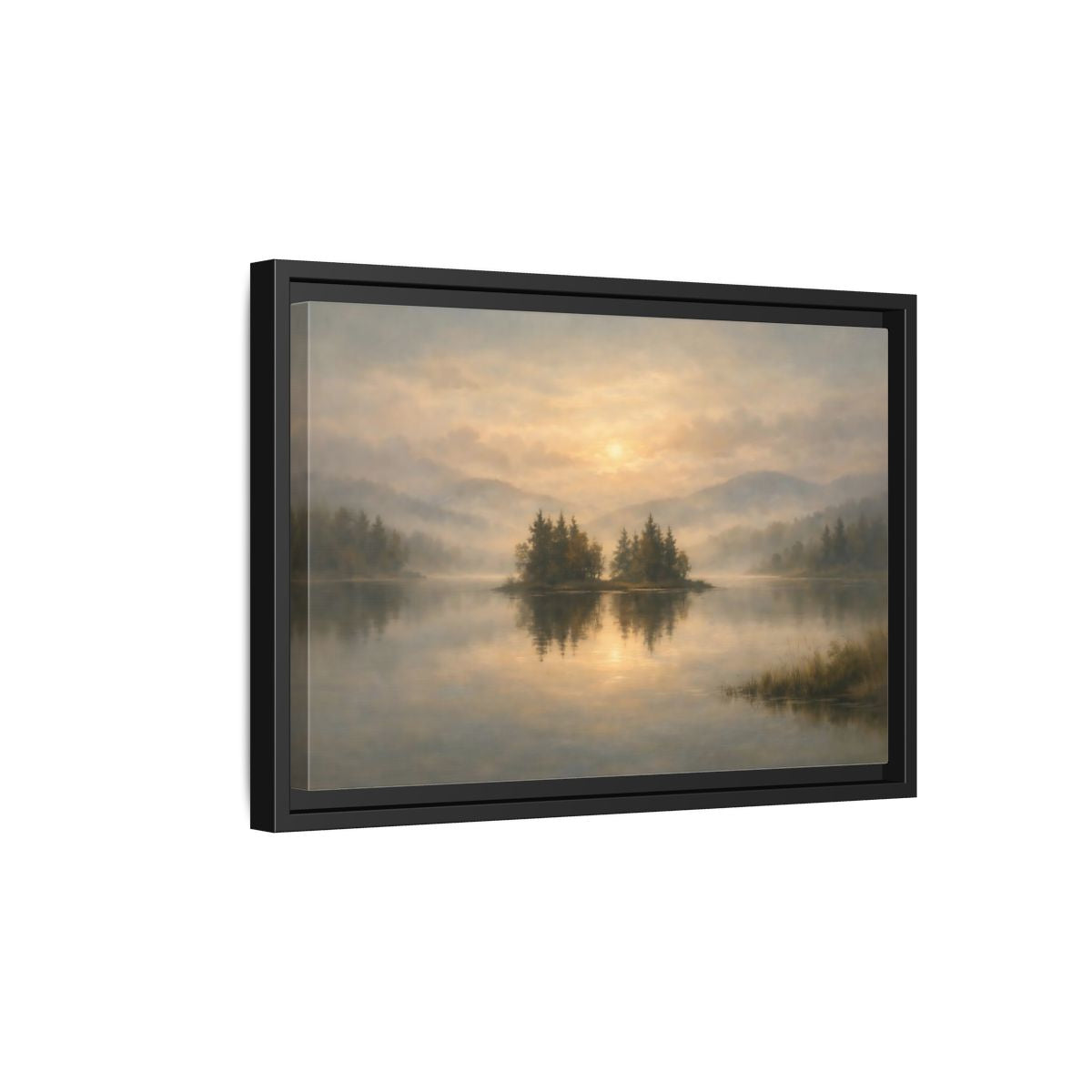Side Mockup 6. Nature Misty Lake Misty Lake Sunrise shown as stretched canvas wall art