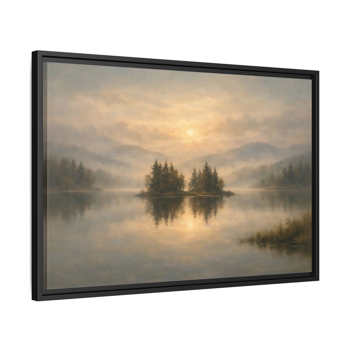 Side Mockup 14. Nature Misty Lake Misty Lake Sunrise shown as stretched canvas wall art