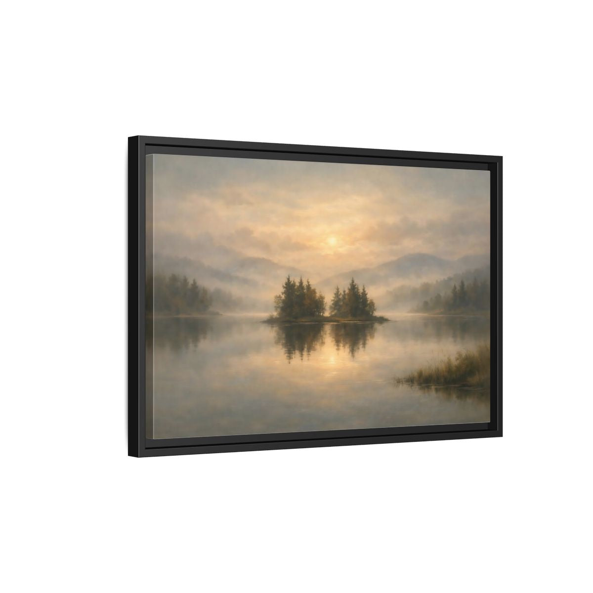 Side Mockup 3. Nature Misty Lake Misty Lake Sunrise shown as stretched canvas wall art