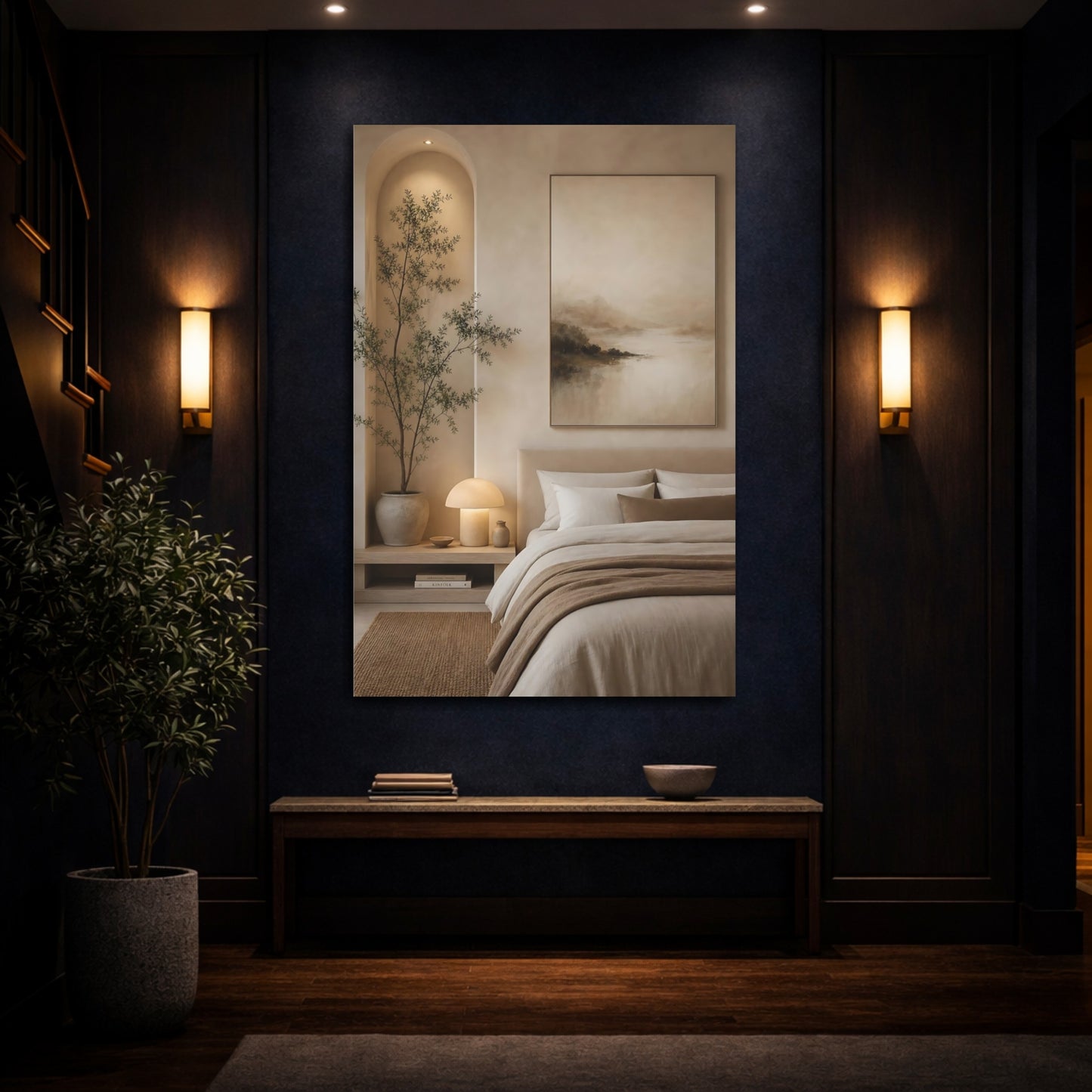 Mockup 4. Nature Misty Landscape Beige And Brown shown as stretched canvas wall art
