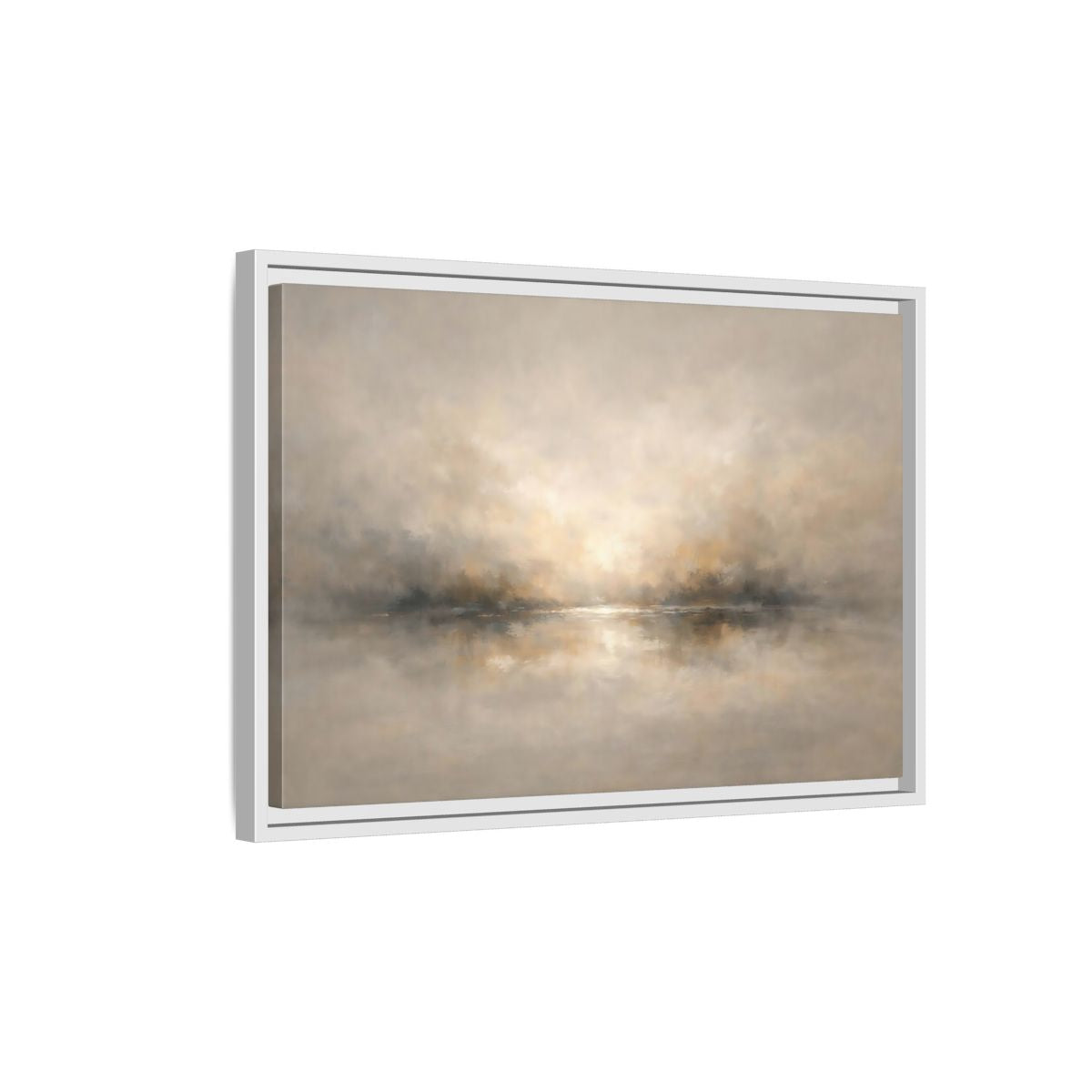 Side Mockup 1. Nature Misty Landscape Beige Gold Landscape shown as stretched canvas wall art