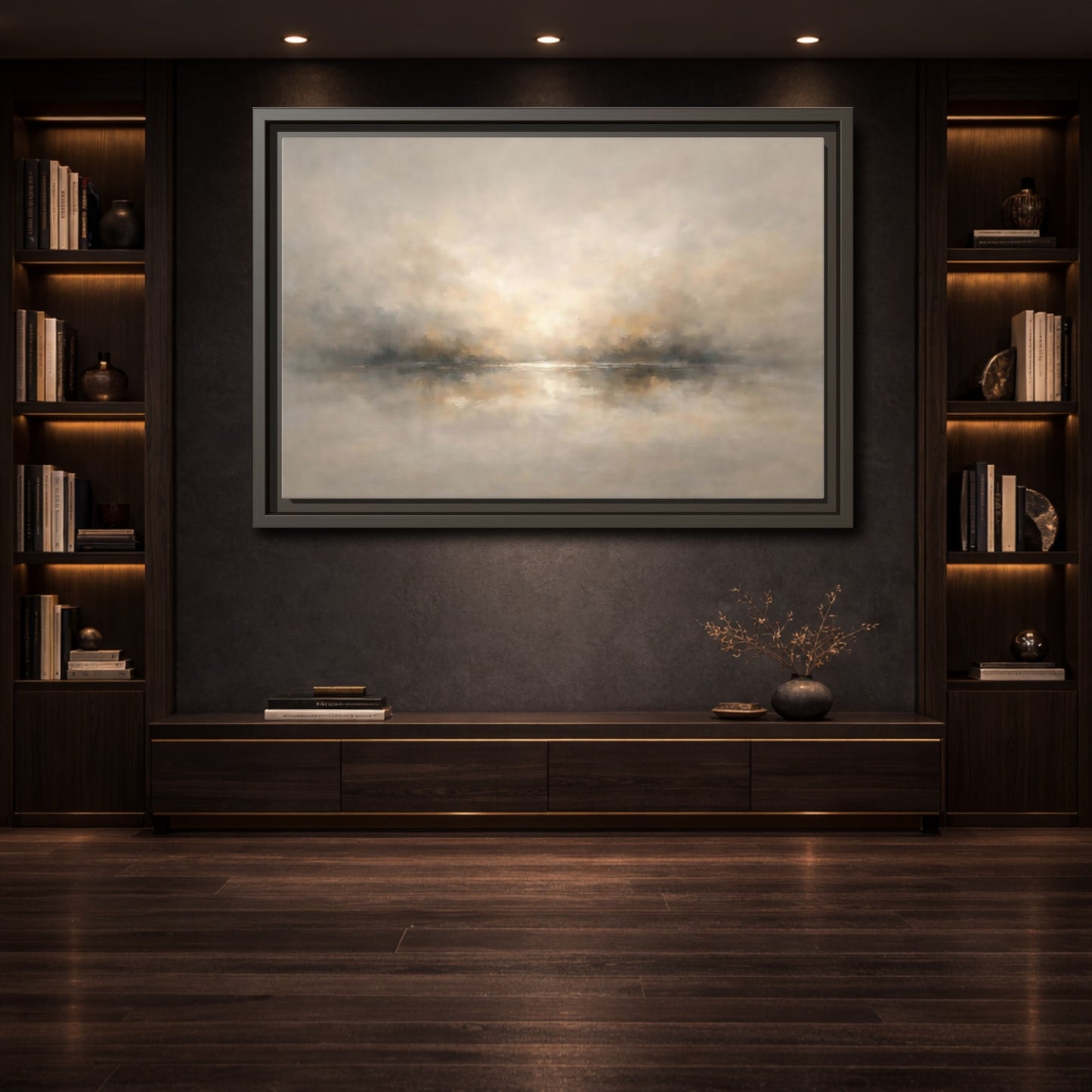Mockup 3. Nature Misty Landscape Beige Gold Landscape shown as stretched canvas wall art