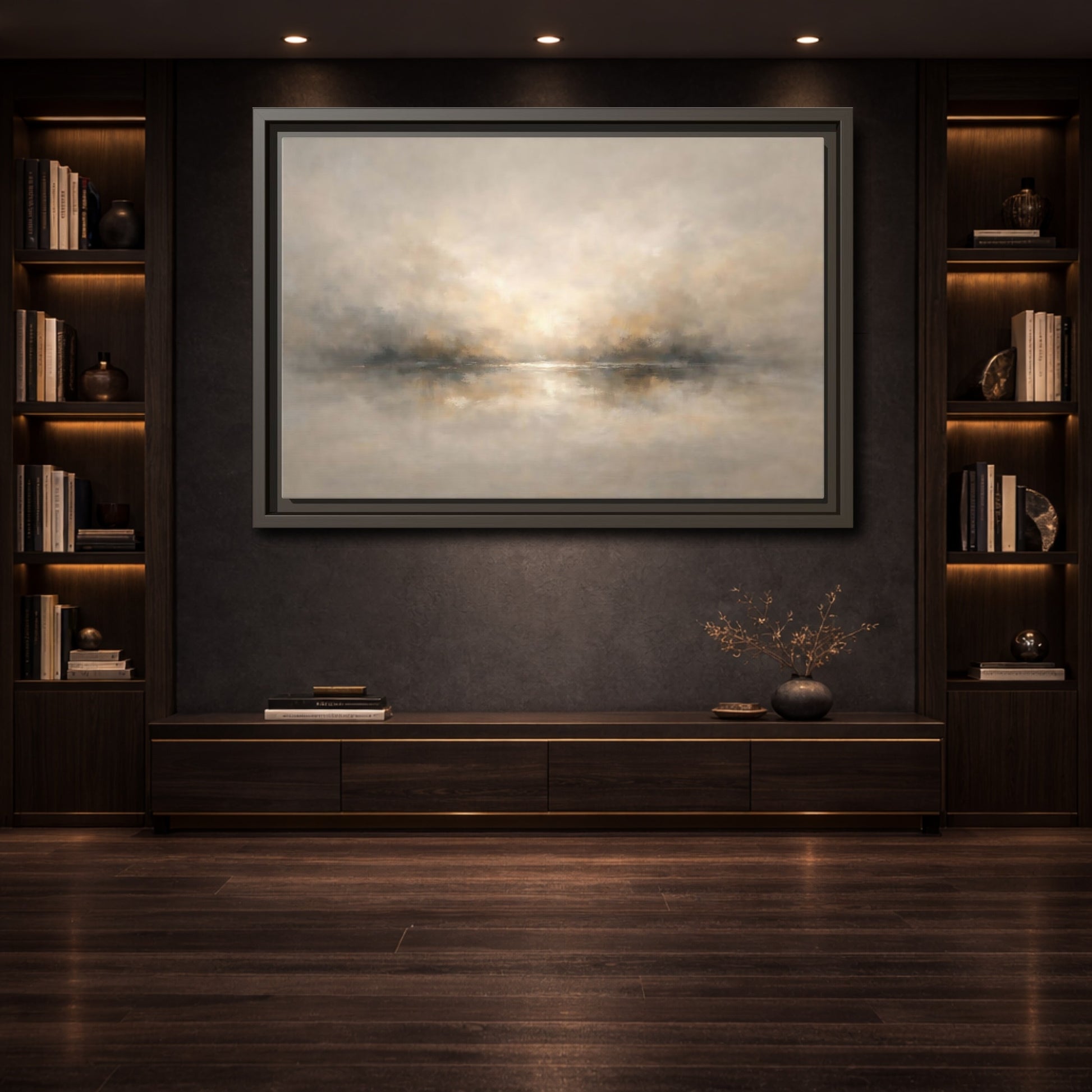 Mockup 3. Nature Misty Landscape Beige Gold Landscape shown as stretched canvas wall art