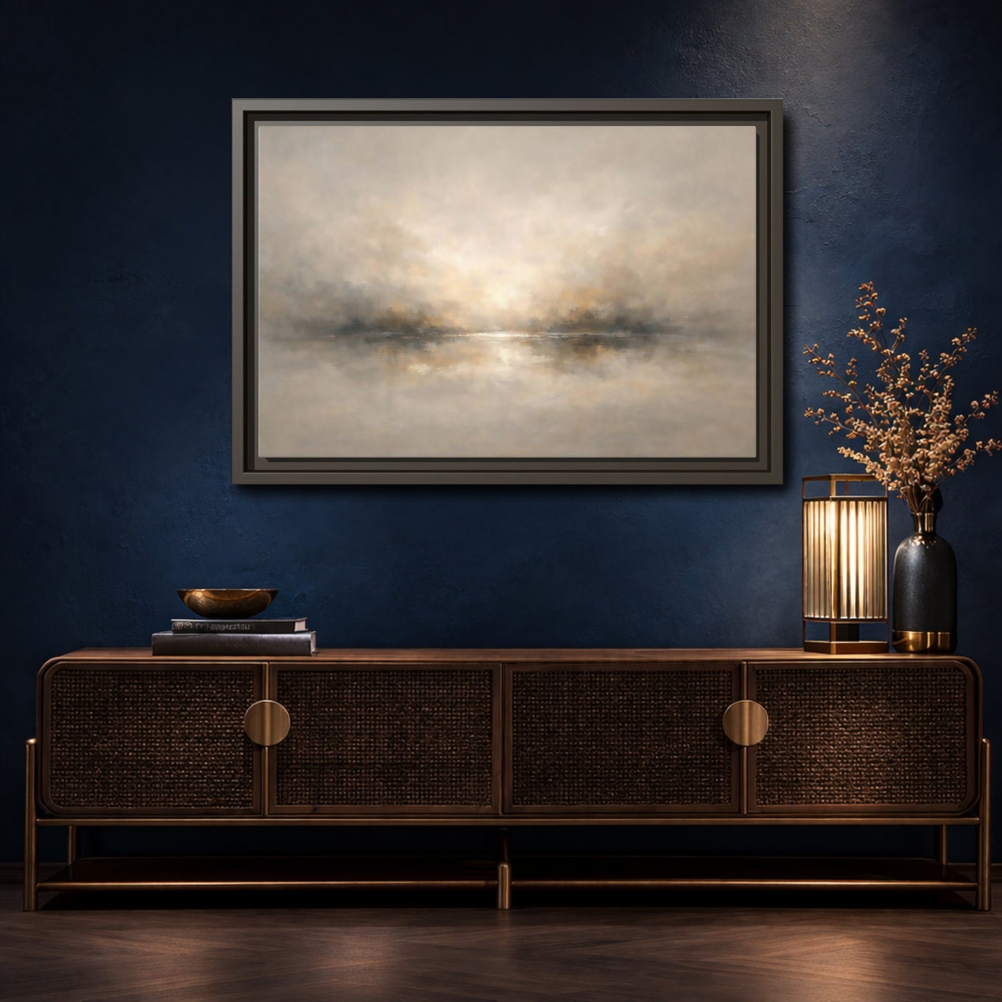 Mockup 4. Nature Misty Landscape Beige Gold Landscape shown as stretched canvas wall art