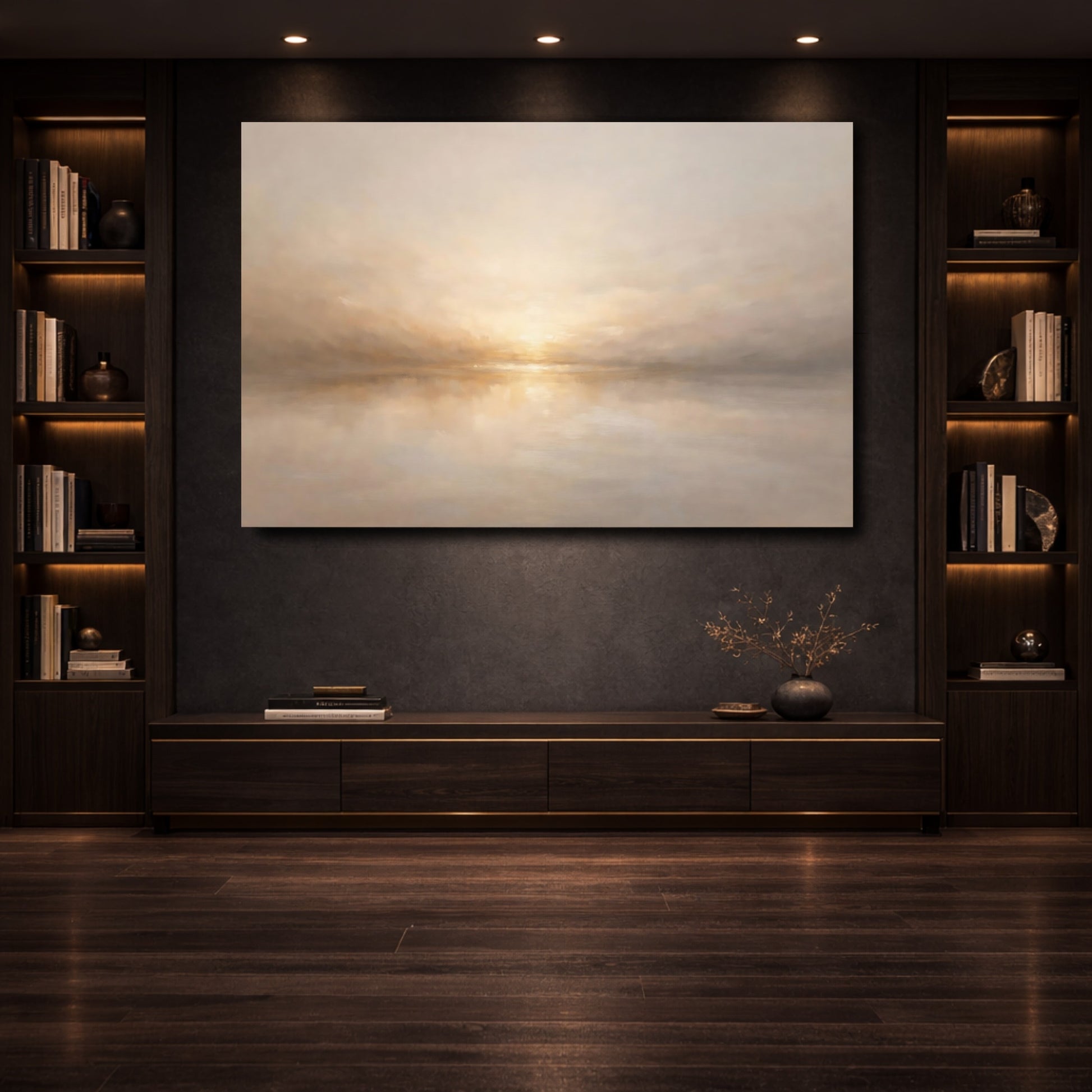Mockup 3. Nature Misty Landscape Beige Landscape shown as stretched canvas wall art