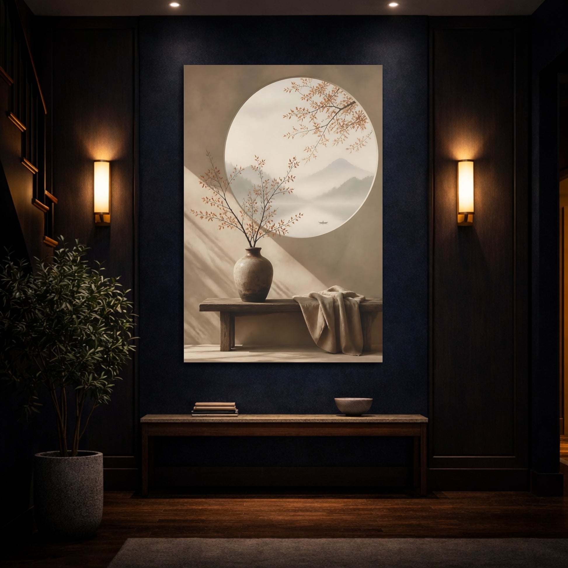Mockup 4. Nature Misty Landscape Brown And Beige shown as stretched canvas wall art