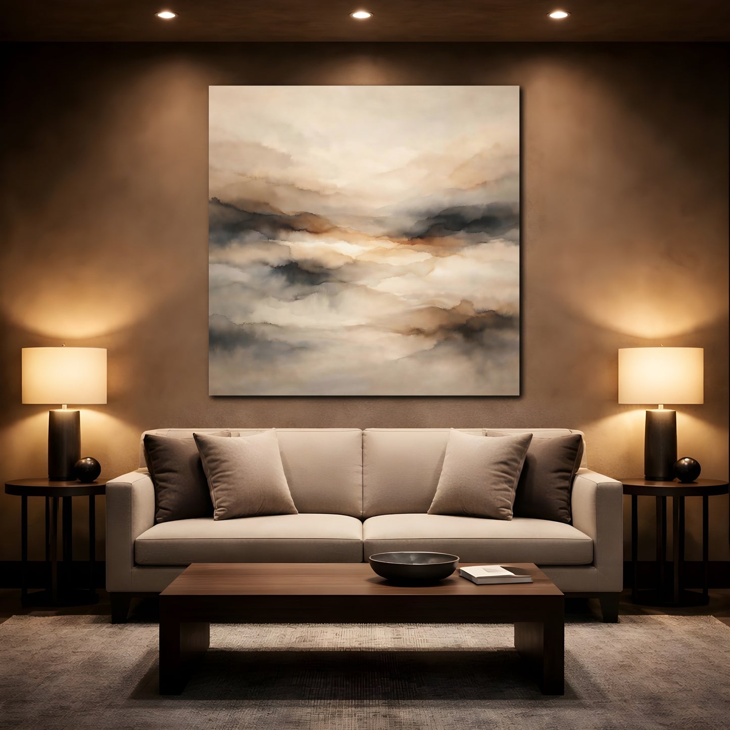 Mockup 2. Nature Misty Landscape Brown And Grey shown as stretched canvas wall art