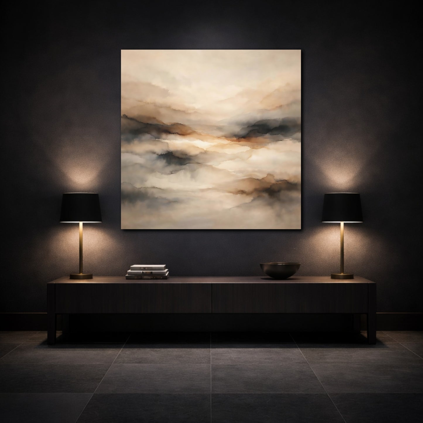 Mockup 3. Nature Misty Landscape Brown And Grey shown as stretched canvas wall art