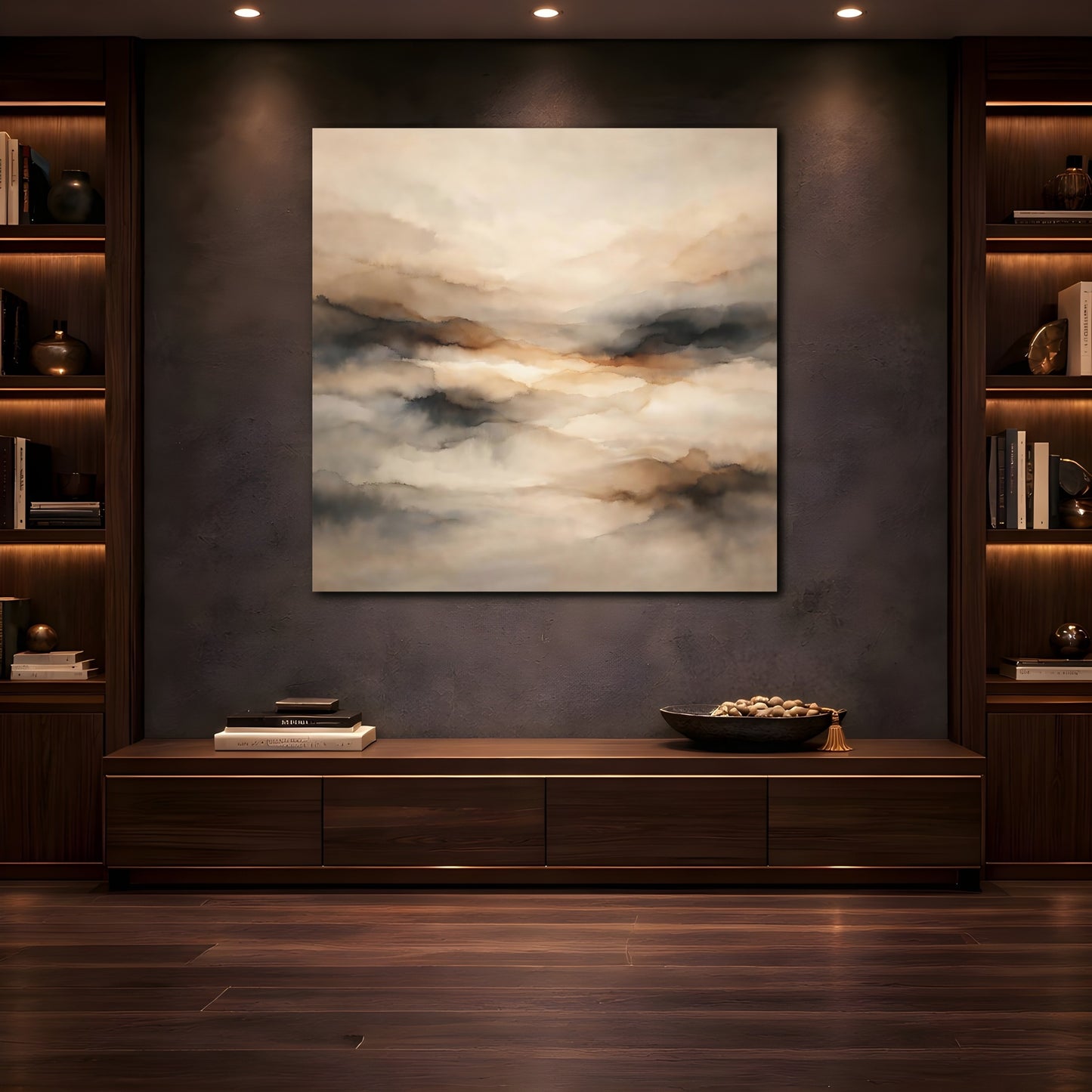 Mockup 4. Nature Misty Landscape Brown And Grey shown as stretched canvas wall art