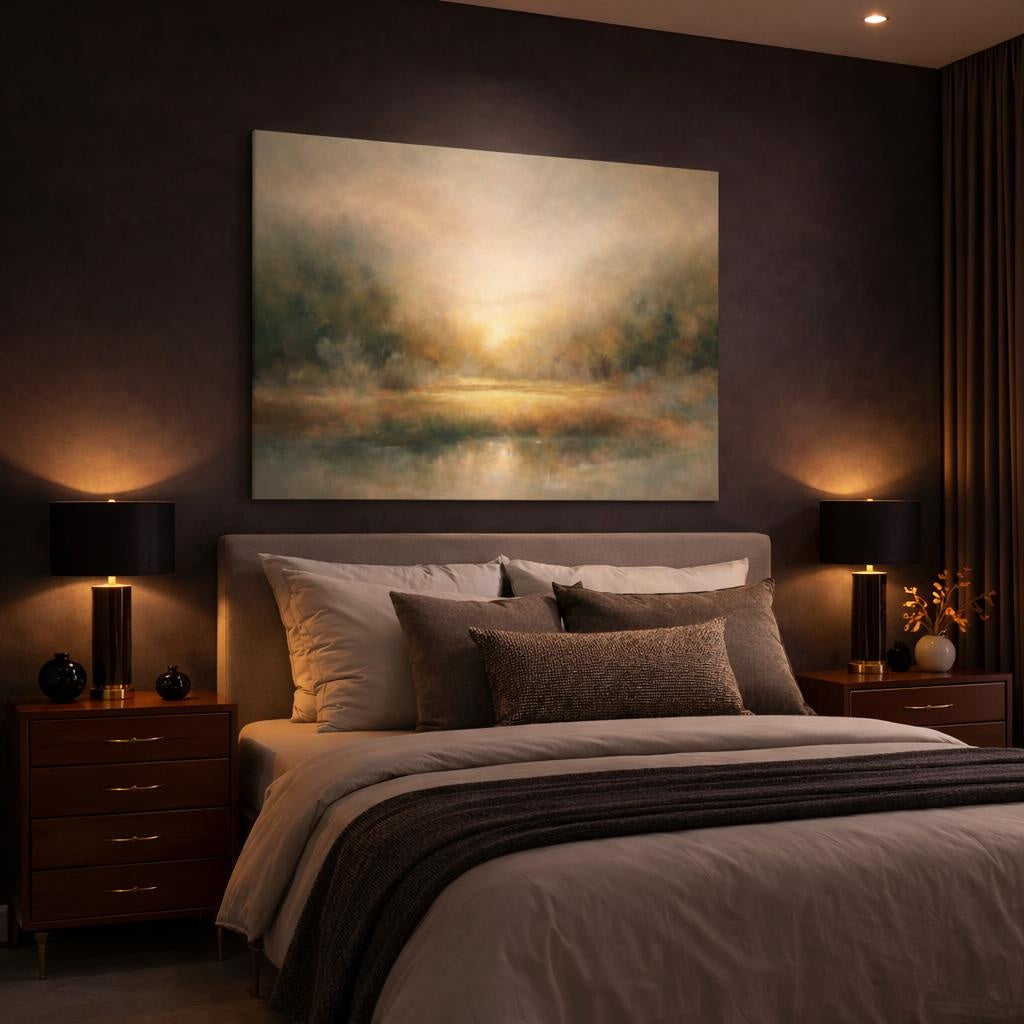 Nature Misty Landscape Golden Green Landscape shown as canvas wall art in a luxury bedroom