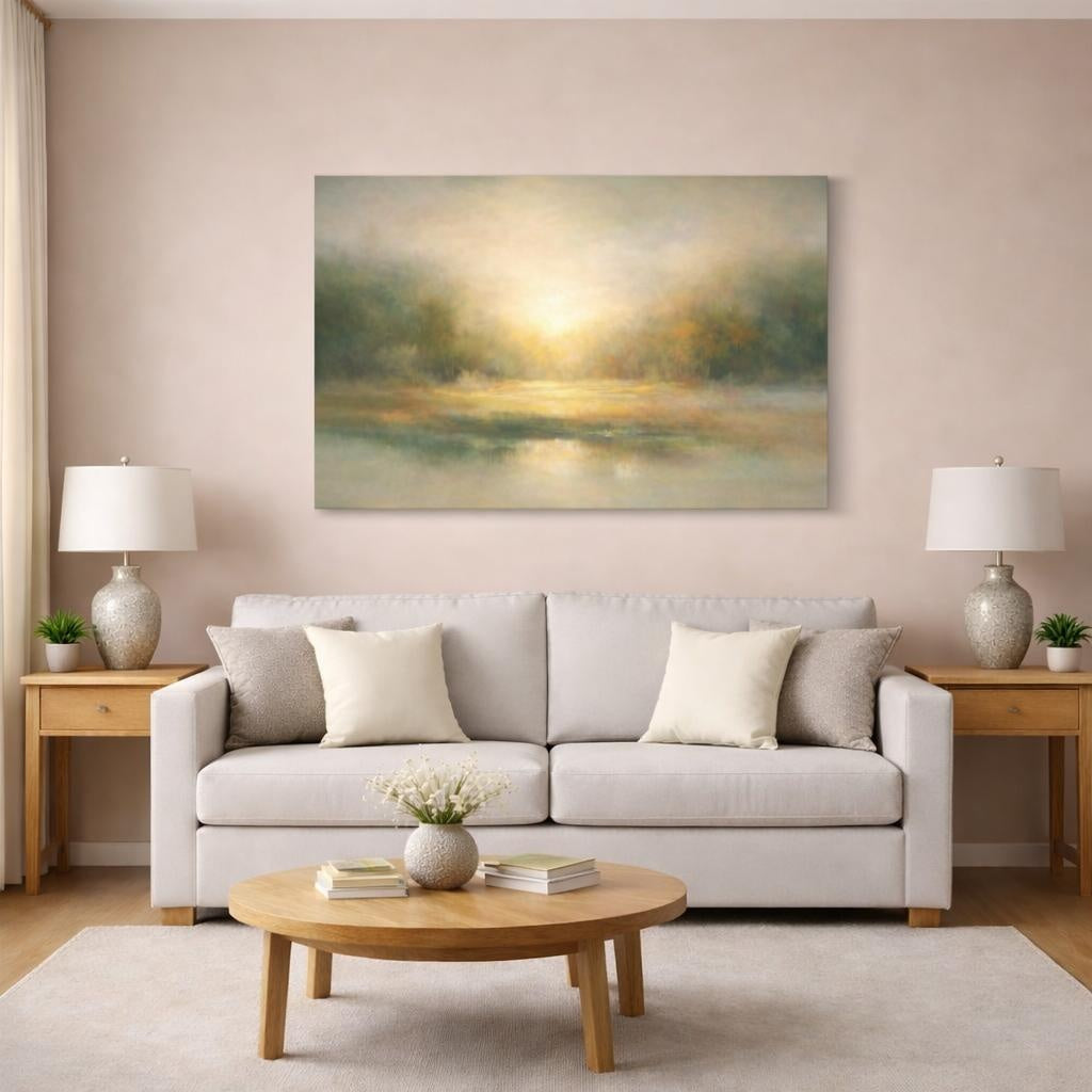 Nature Misty Landscape Golden Green Landscape shown as canvas wall art in a modern living room