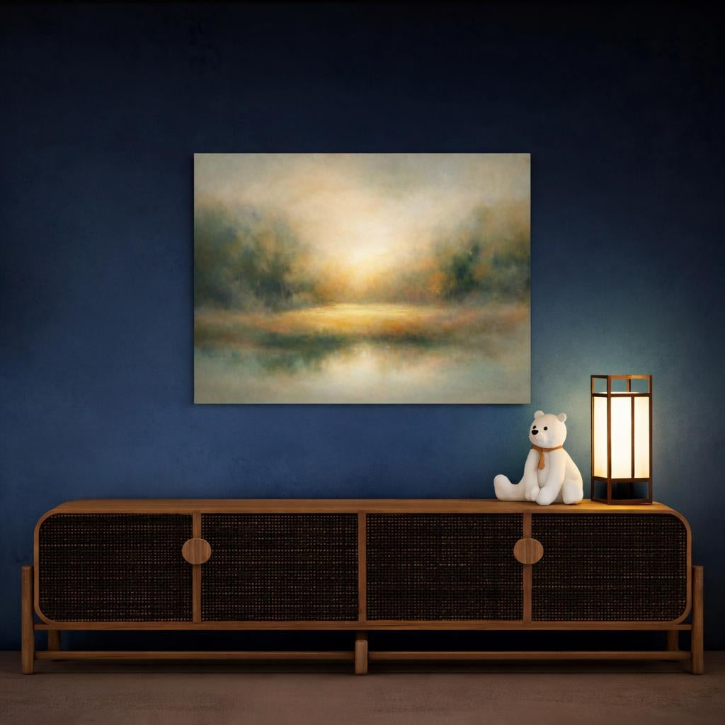 Nature Misty Landscape Golden Green Landscape shown as canvas wall art in a sophisticated contemporary living space