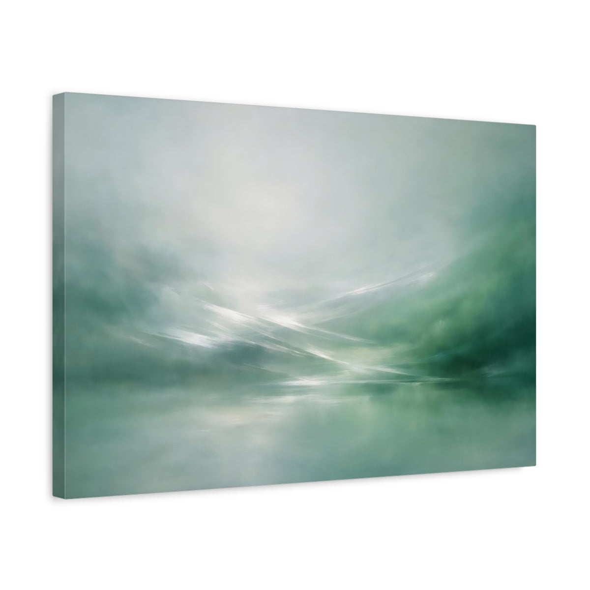 Side Mockup 3. Nature Misty Landscape Green Abstract Landscape shown as stretched canvas wall art