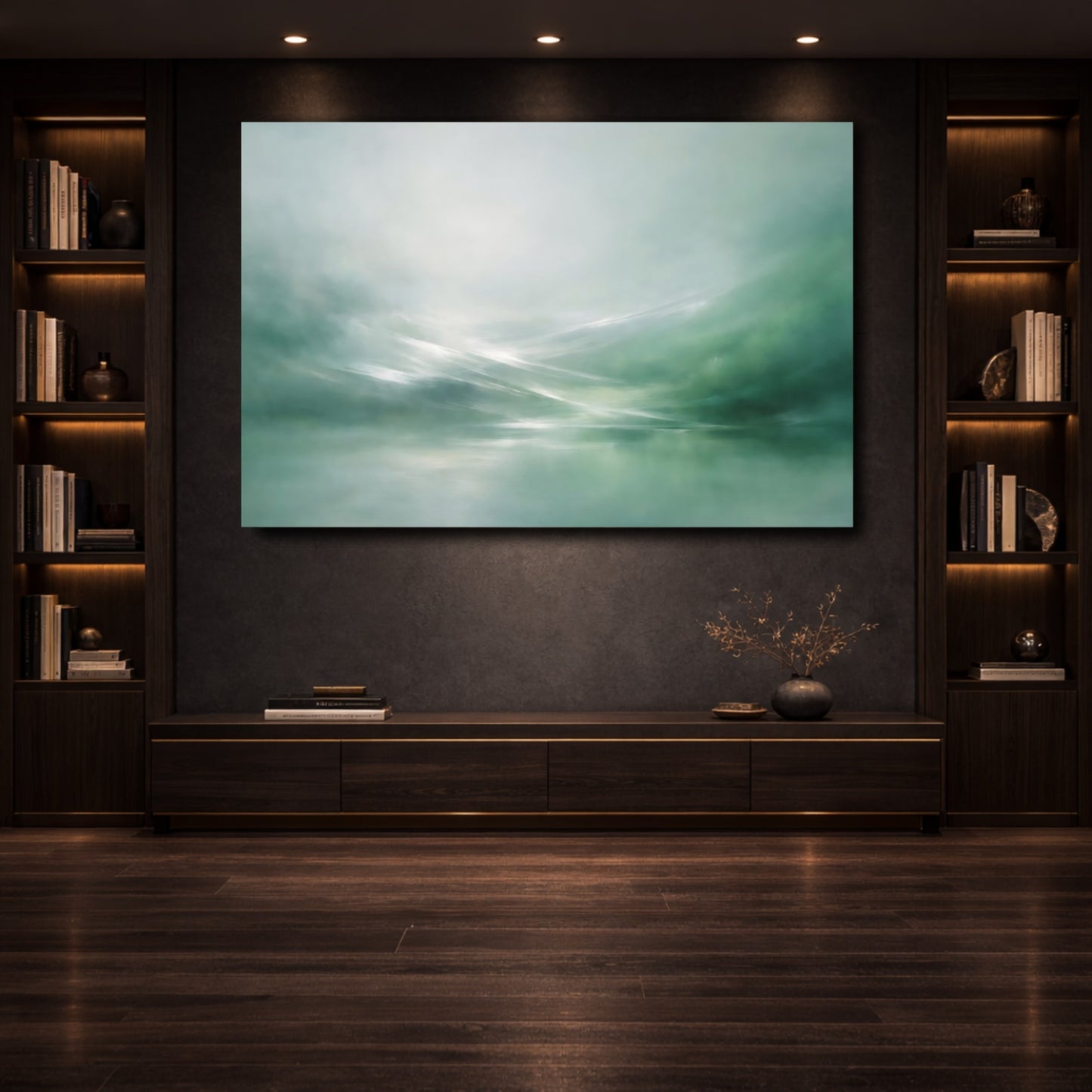 Mockup 3. Nature Misty Landscape Green Abstract Landscape shown as stretched canvas wall art