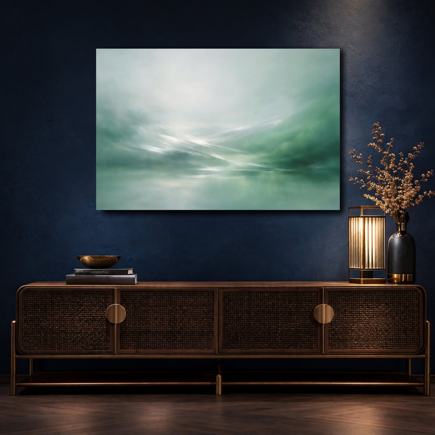 Mockup 4. Nature Misty Landscape Green Abstract Landscape shown as stretched canvas wall art