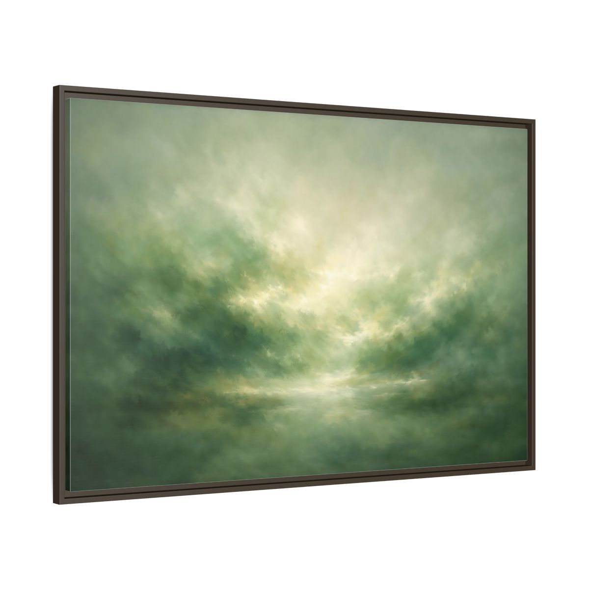 Main Mockup. Nature Misty Landscape Green And Gold shown as stretched canvas wall art