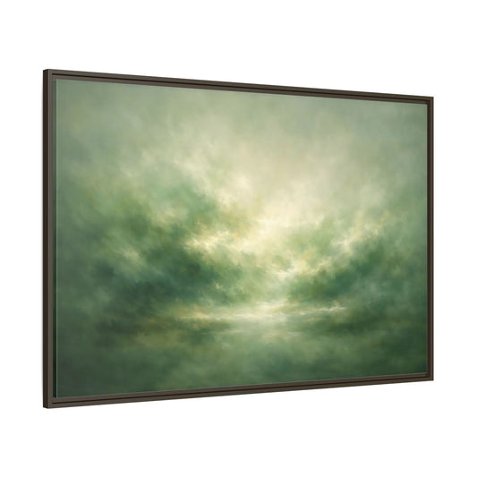 Main Mockup. Nature Misty Landscape Green And Gold shown as stretched canvas wall art