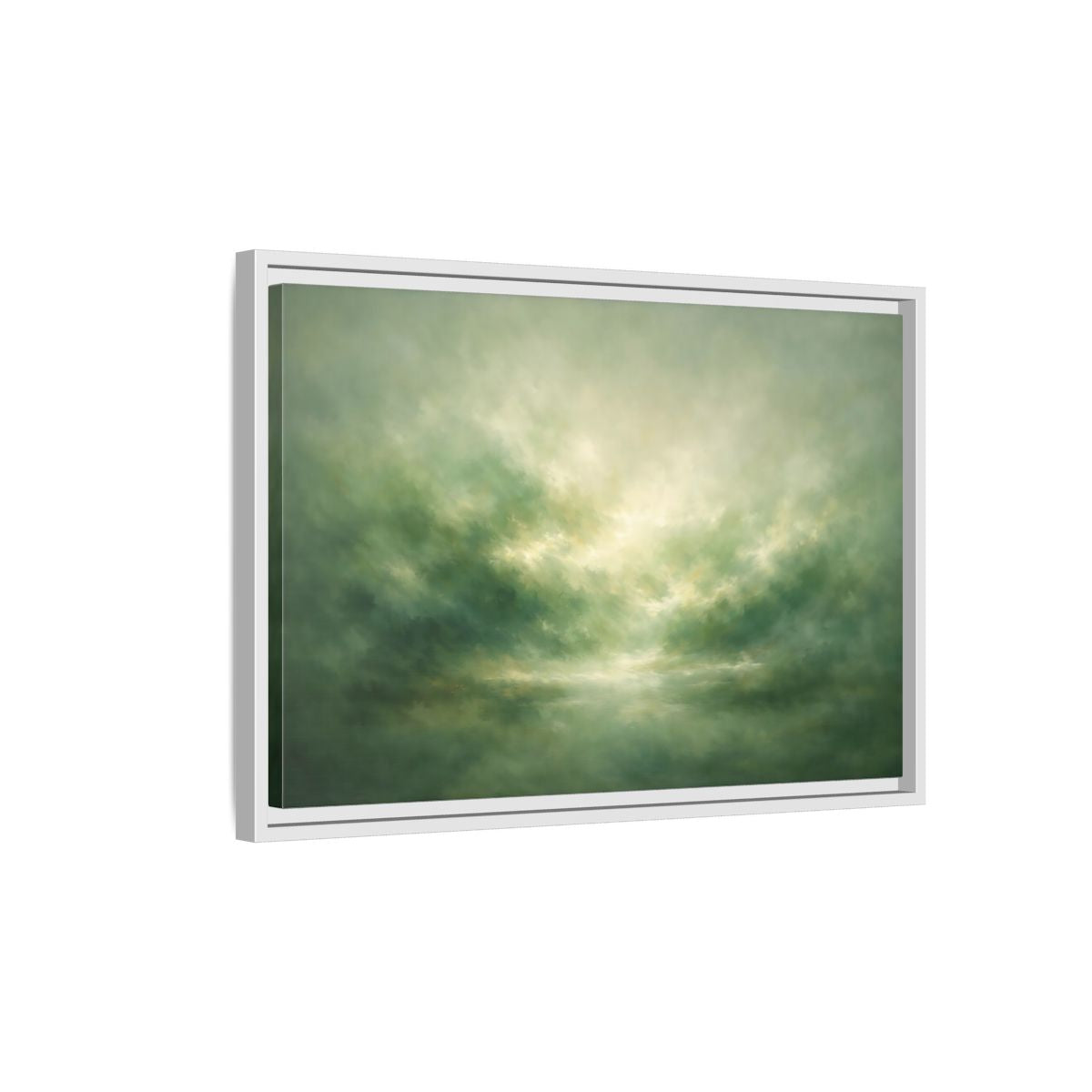 Side Mockup 1. Nature Misty Landscape Green And Gold shown as stretched canvas wall art