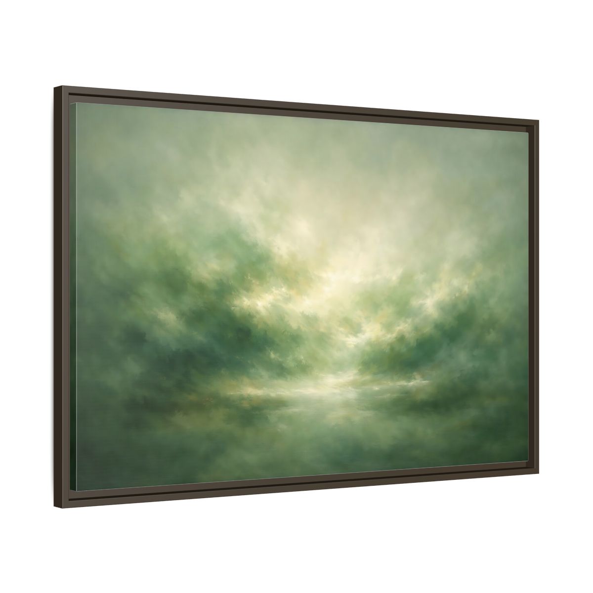 Side Mockup 9. Nature Misty Landscape Green And Gold shown as stretched canvas wall art