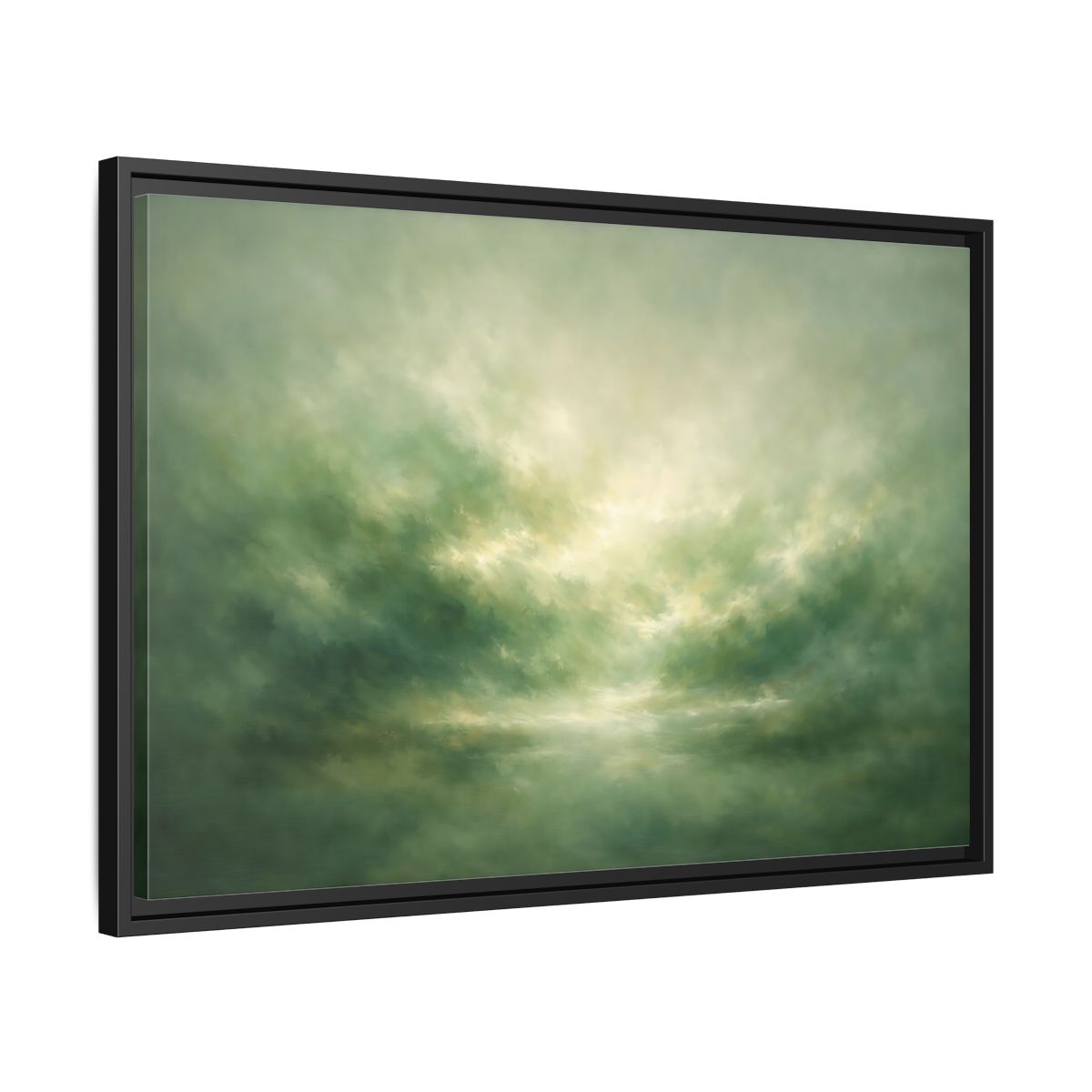 Side Mockup 14. Nature Misty Landscape Green And Gold shown as stretched canvas wall art