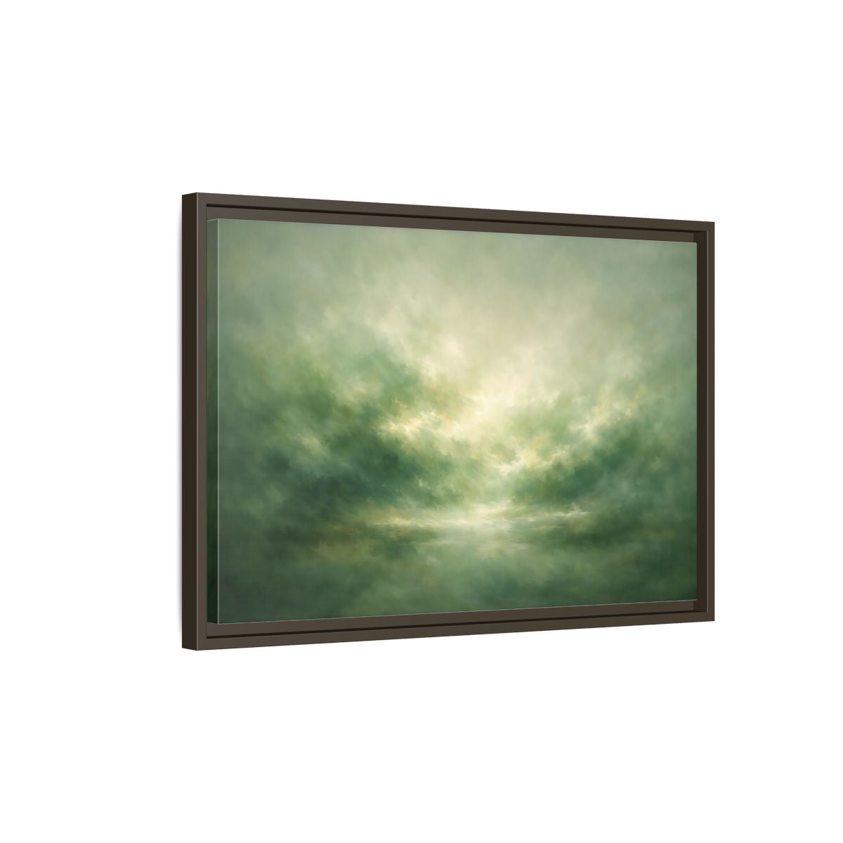 Side Mockup 2. Nature Misty Landscape Green And Gold shown as stretched canvas wall art