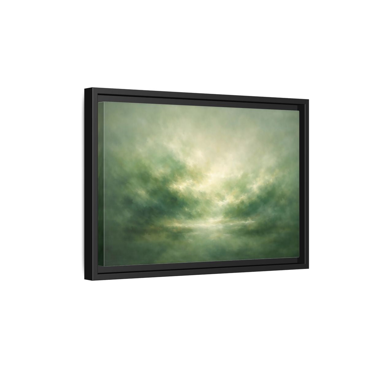 Side Mockup 6. Nature Misty Landscape Green And Gold shown as stretched canvas wall art