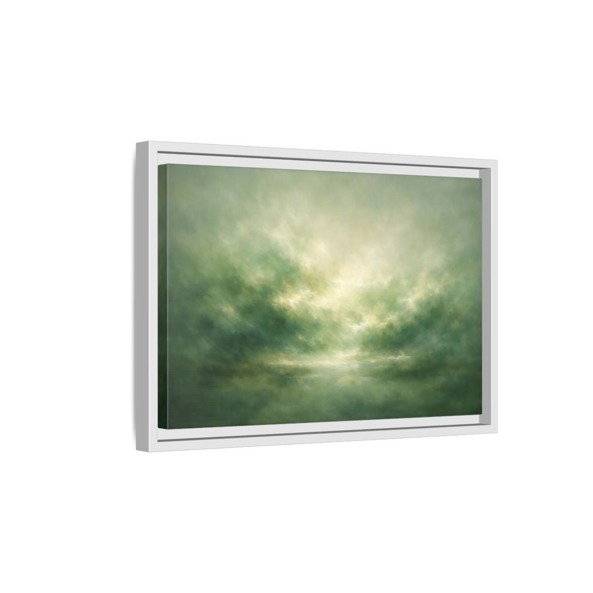 Side Mockup 4. Nature Misty Landscape Green And Gold shown as stretched canvas wall art