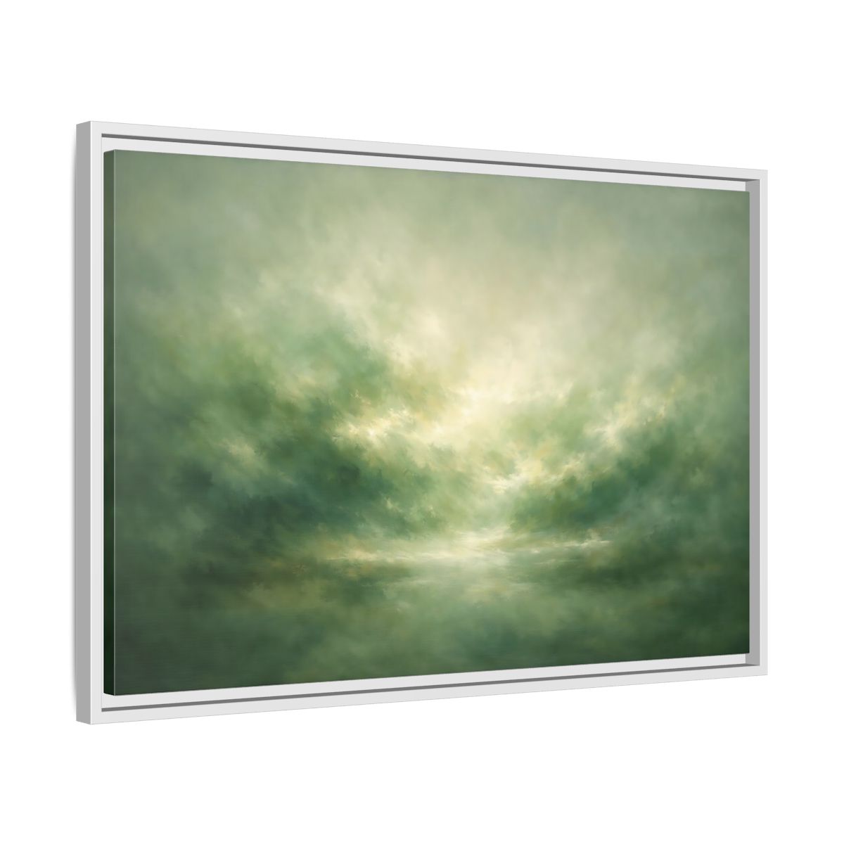 Side Mockup 10. Nature Misty Landscape Green And Gold shown as stretched canvas wall art