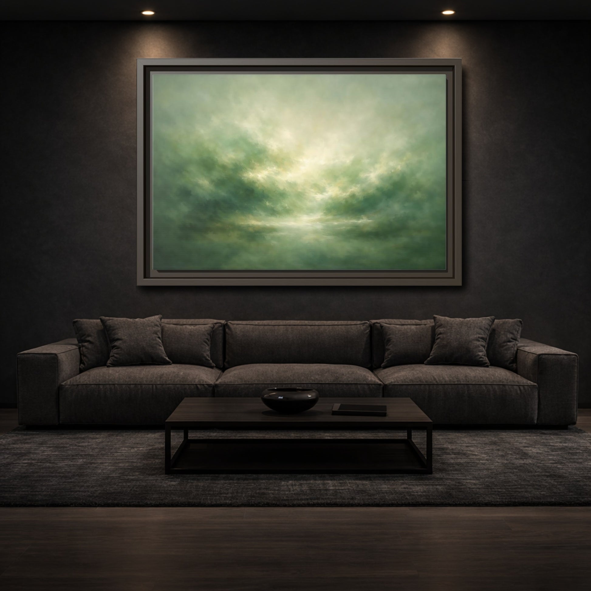 Mockup 2. Nature Misty Landscape Green And Gold shown as stretched canvas wall art