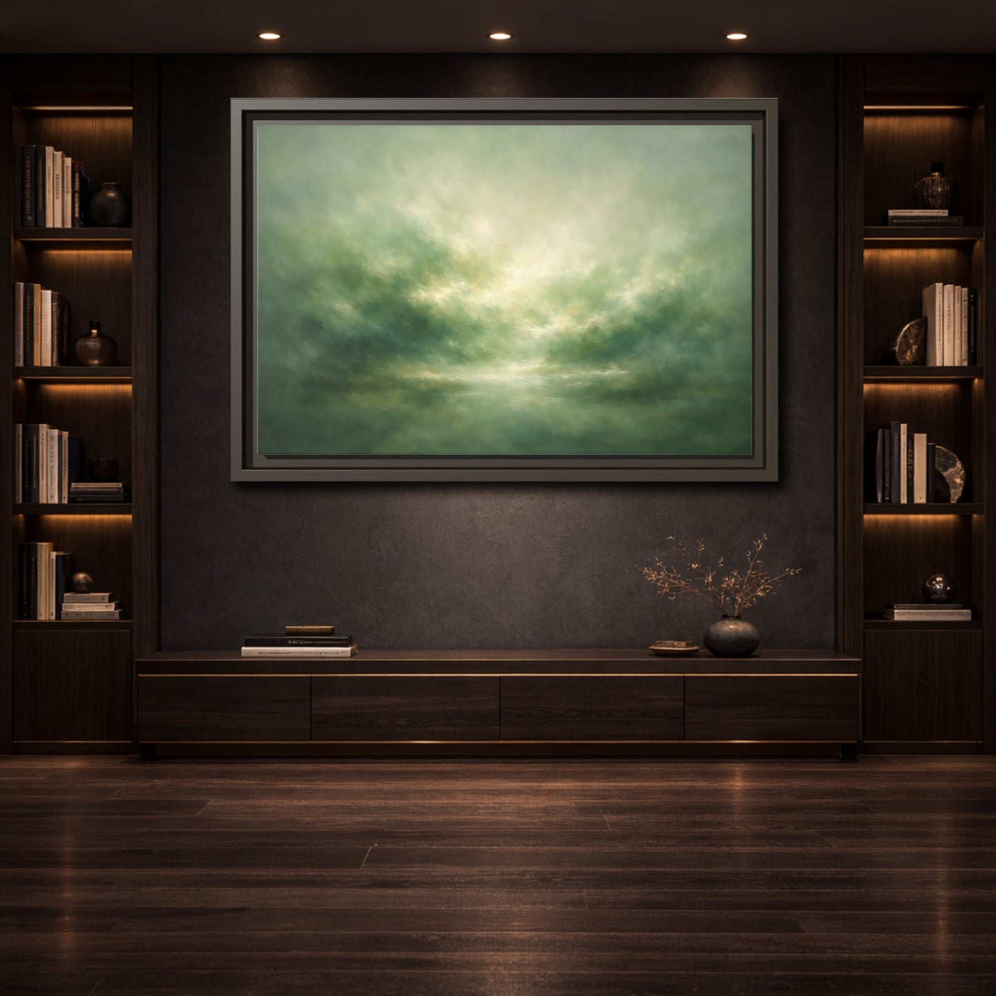 Mockup 3. Nature Misty Landscape Green And Gold shown as stretched canvas wall art