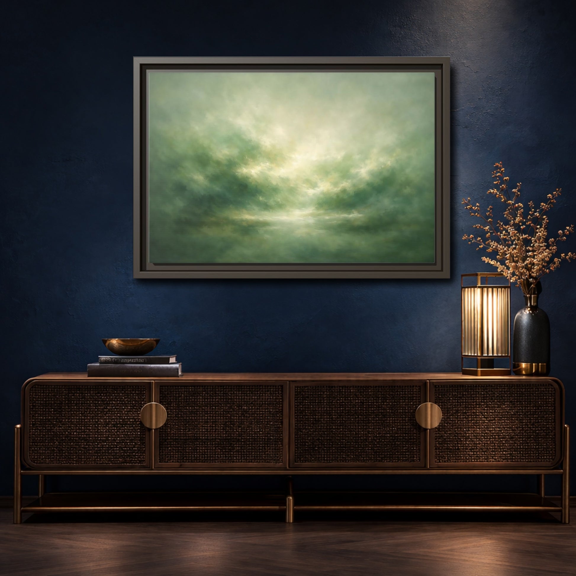 Mockup 4. Nature Misty Landscape Green And Gold shown as stretched canvas wall art