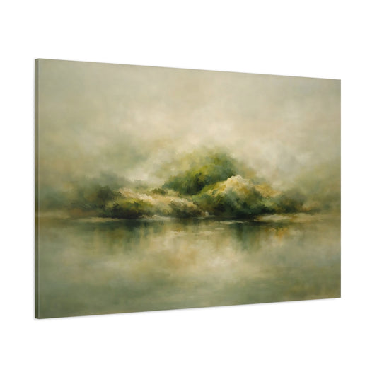 Main Mockup. Nature Misty Landscape Green Beige Landscape shown as stretched canvas wall art