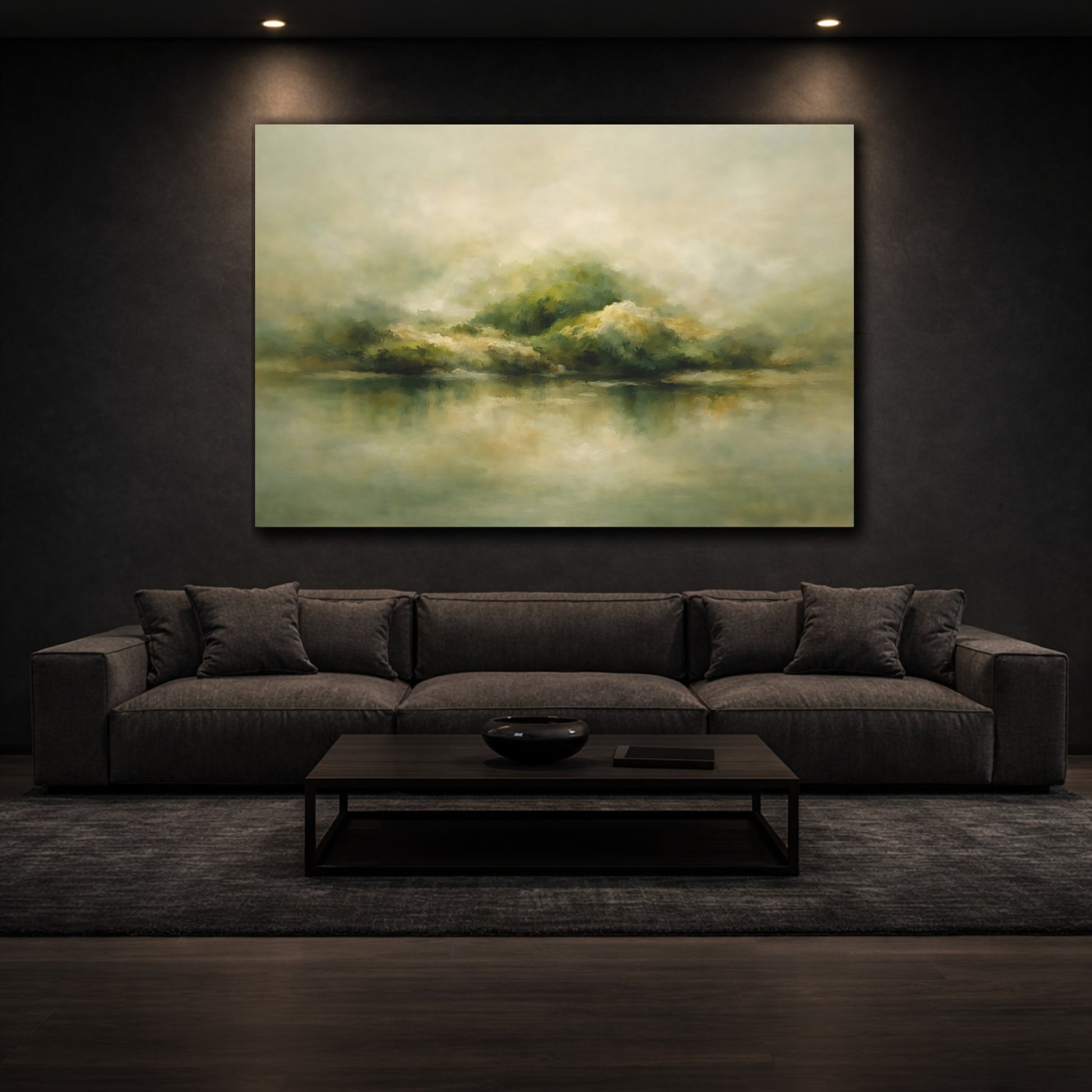 Mockup 2. Nature Misty Landscape Green Beige Landscape shown as stretched canvas wall art