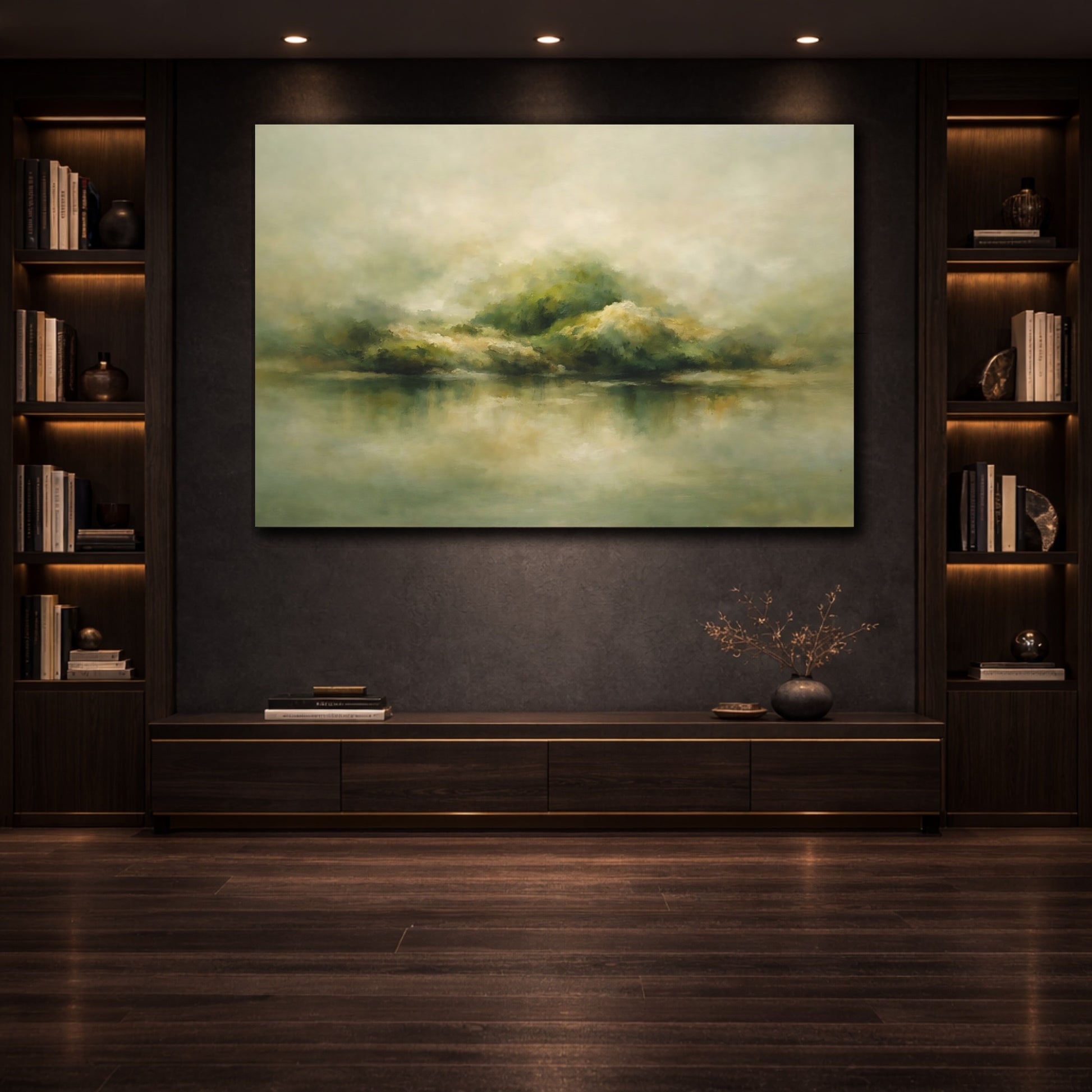 Mockup 3. Nature Misty Landscape Green Beige Landscape shown as stretched canvas wall art