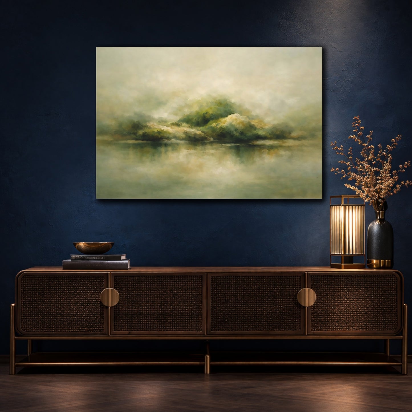 Mockup 4. Nature Misty Landscape Green Beige Landscape shown as stretched canvas wall art