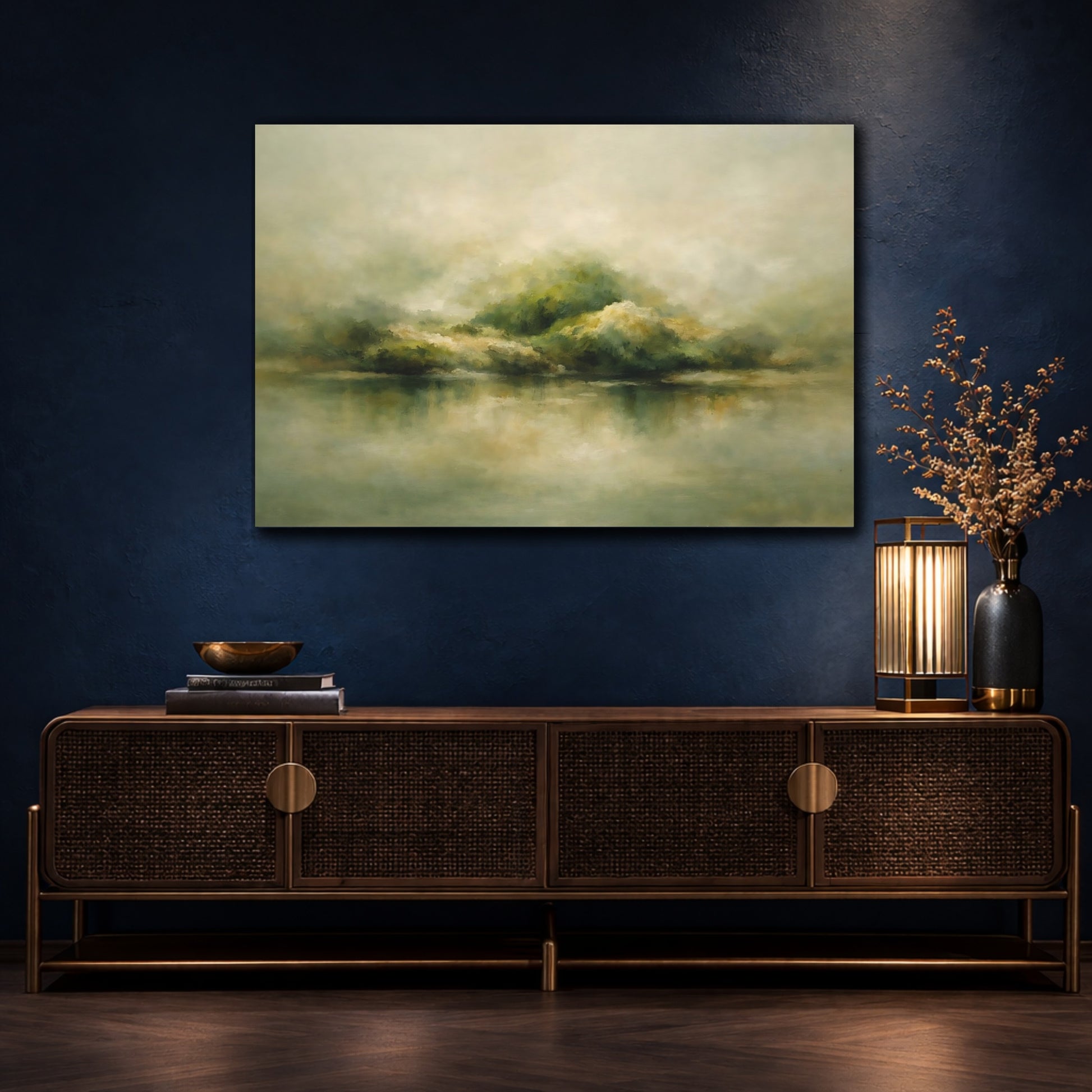 Mockup 4. Nature Misty Landscape Green Beige Landscape shown as stretched canvas wall art