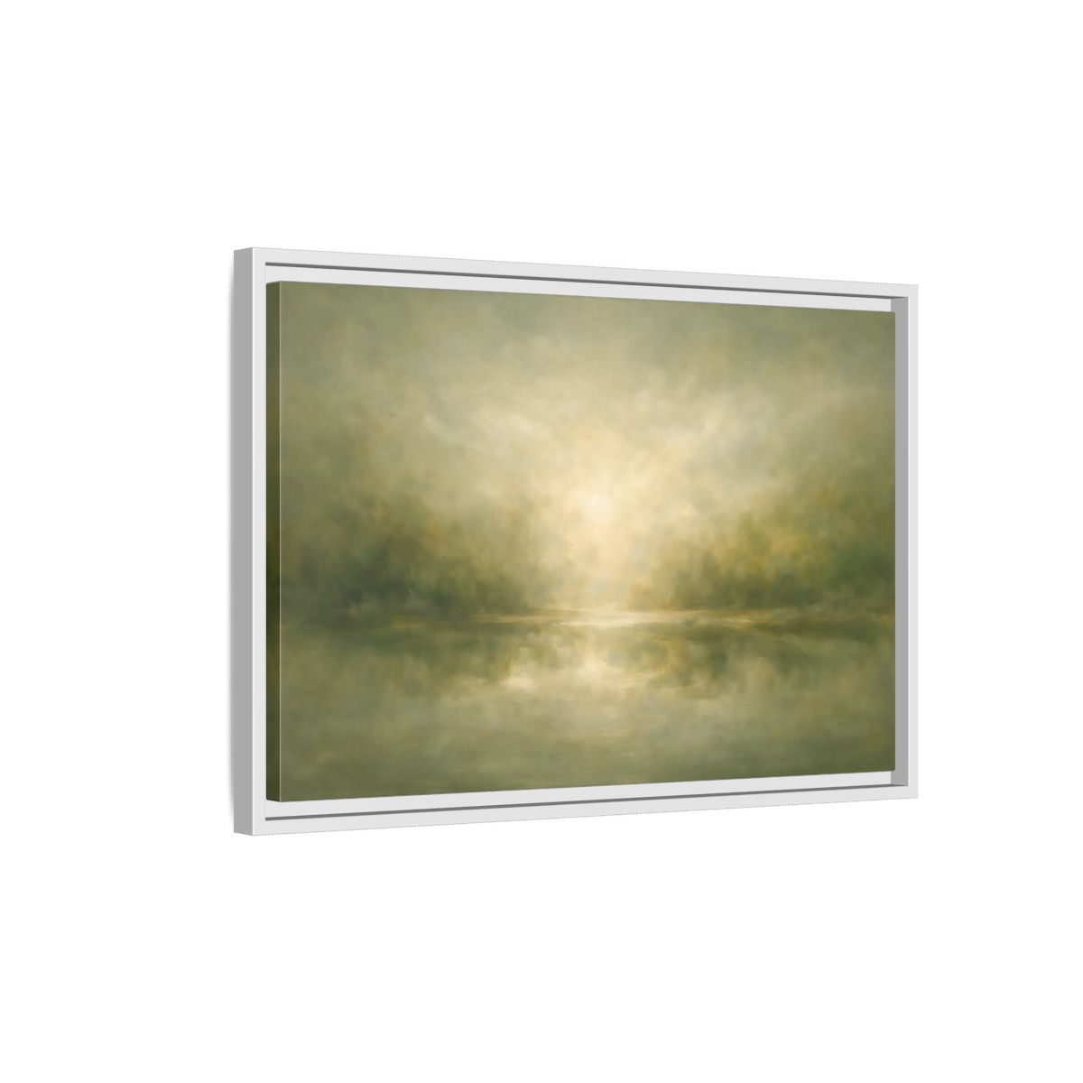 Side Mockup 1. Nature Misty Landscape Misty Green shown as stretched canvas wall art