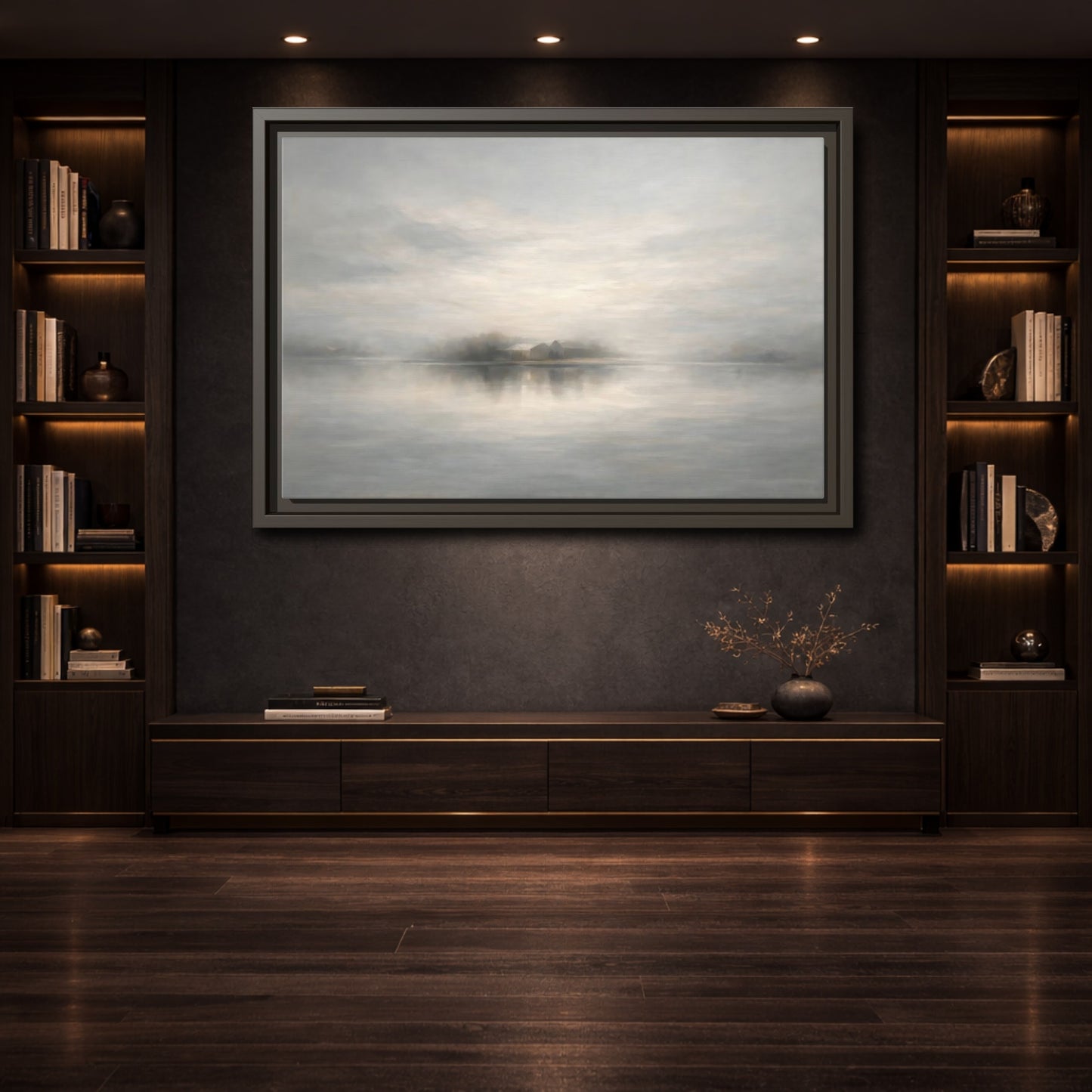 Mockup 3. Nature Misty Landscape Misty Gray Landscape shown as stretched canvas wall art