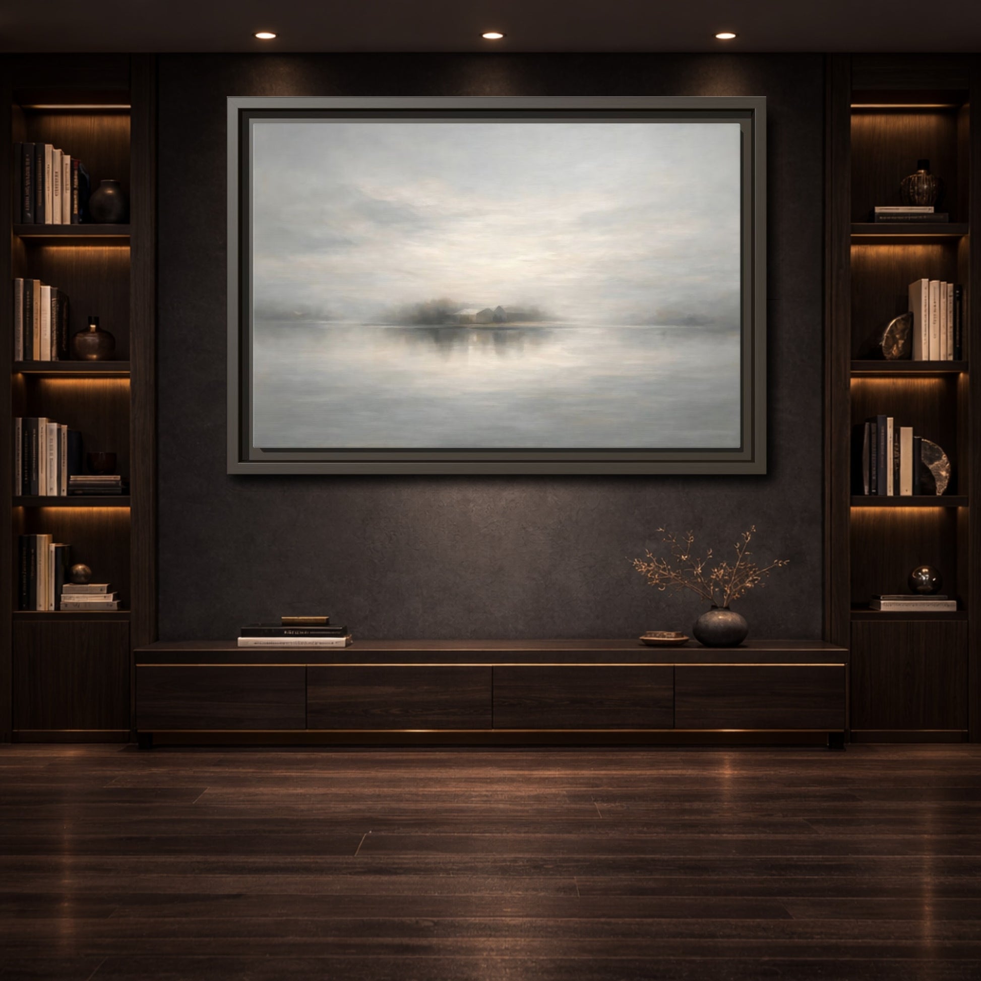 Mockup 3. Nature Misty Landscape Misty Gray Landscape shown as stretched canvas wall art