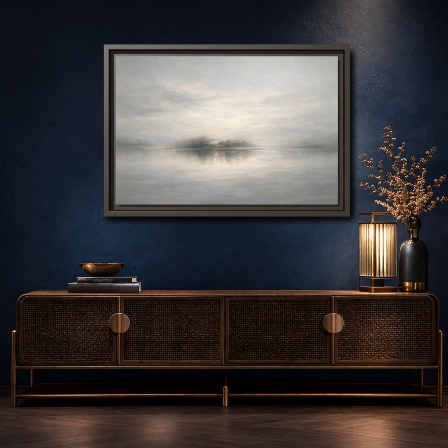 Mockup 4. Nature Misty Landscape Misty Gray Landscape shown as stretched canvas wall art