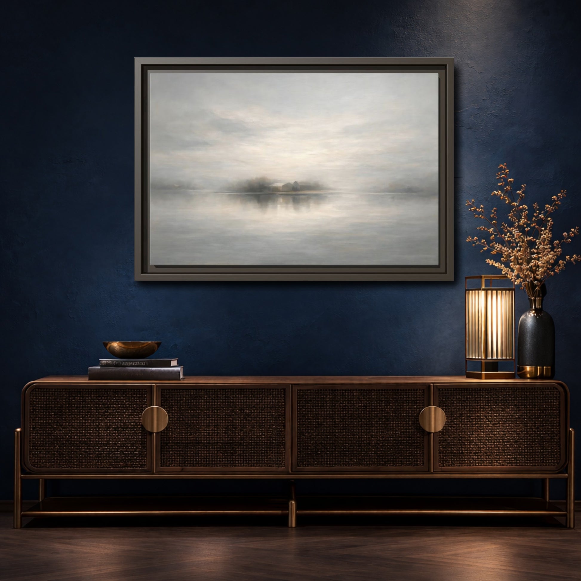 Mockup 4. Nature Misty Landscape Misty Gray Landscape shown as stretched canvas wall art