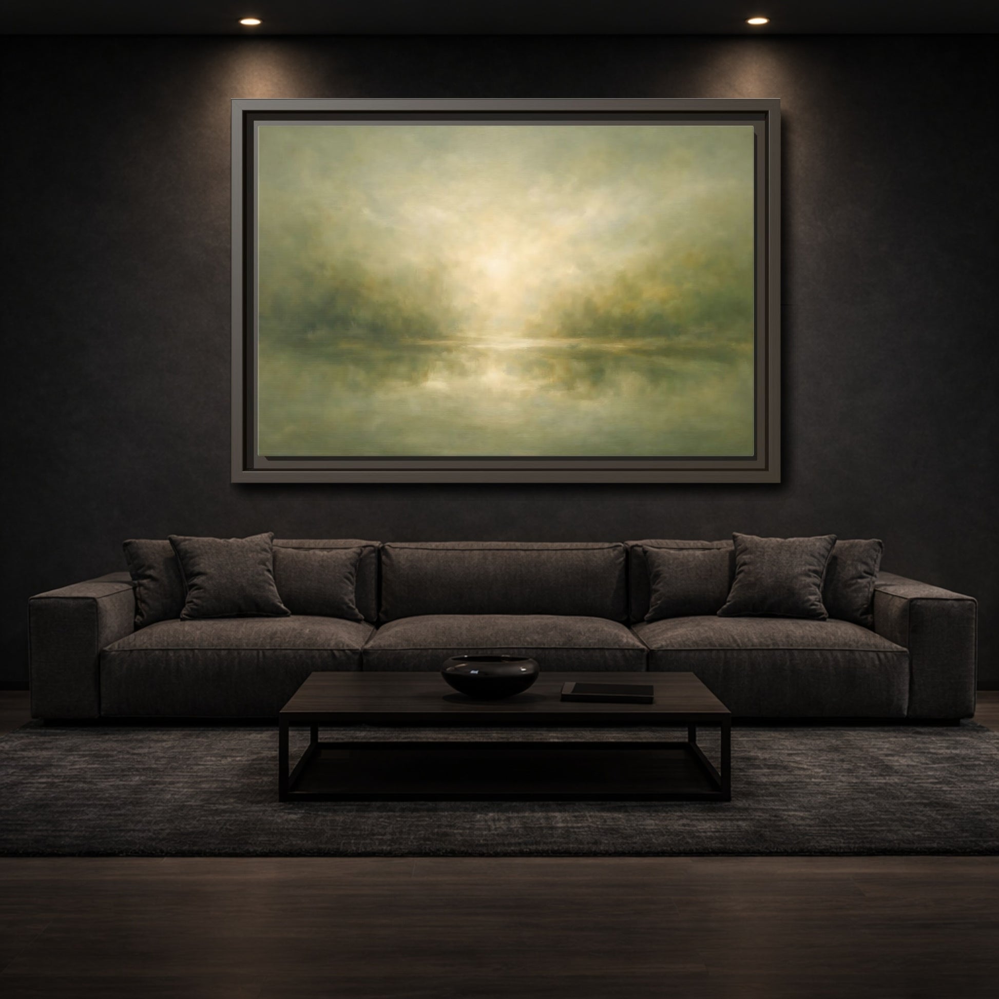Mockup 2. Nature Misty Landscape Misty Green shown as stretched canvas wall art
