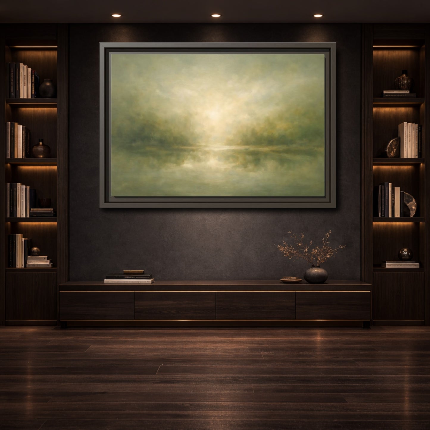 Mockup 3. Nature Misty Landscape Misty Green shown as stretched canvas wall art