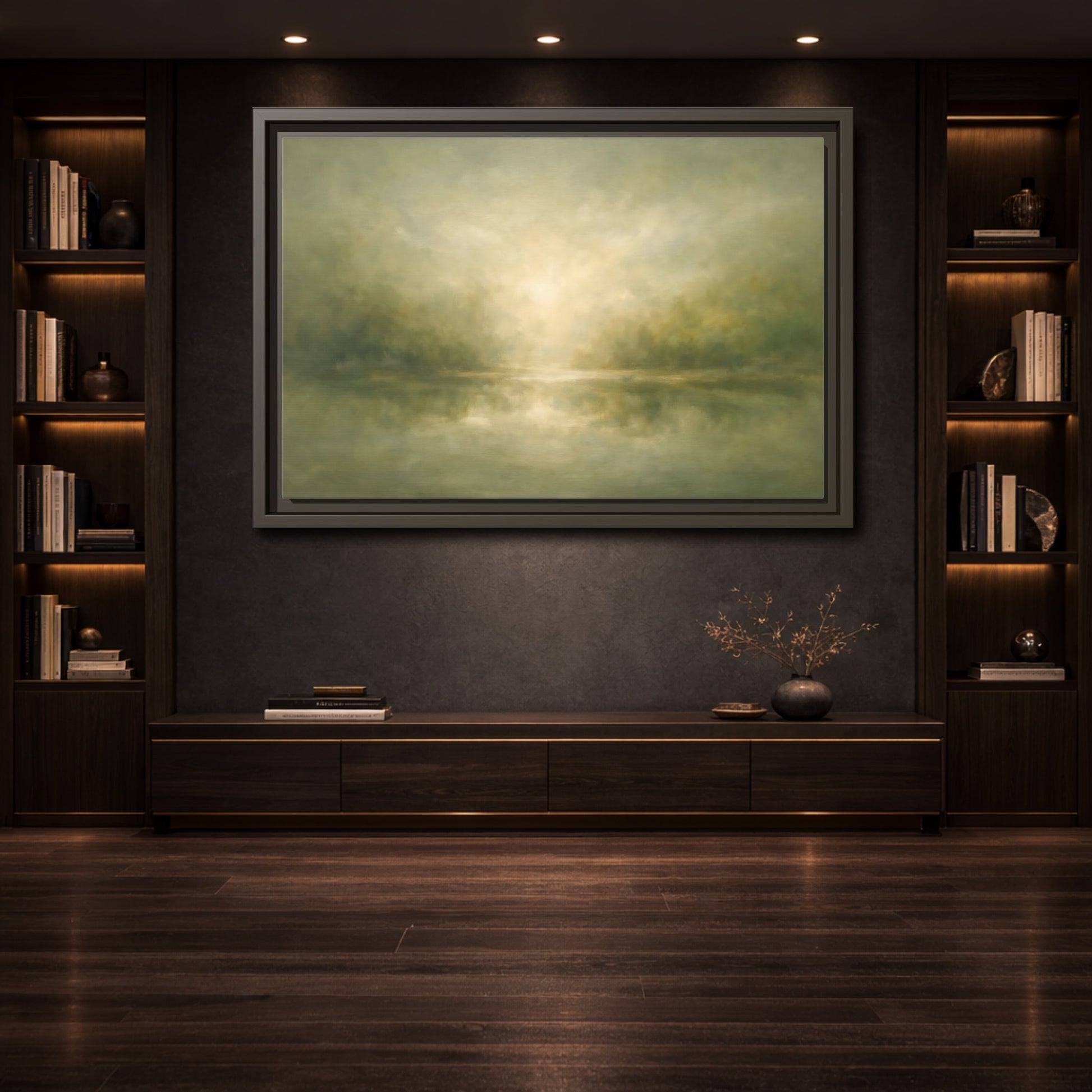 Mockup 3. Nature Misty Landscape Misty Green shown as stretched canvas wall art