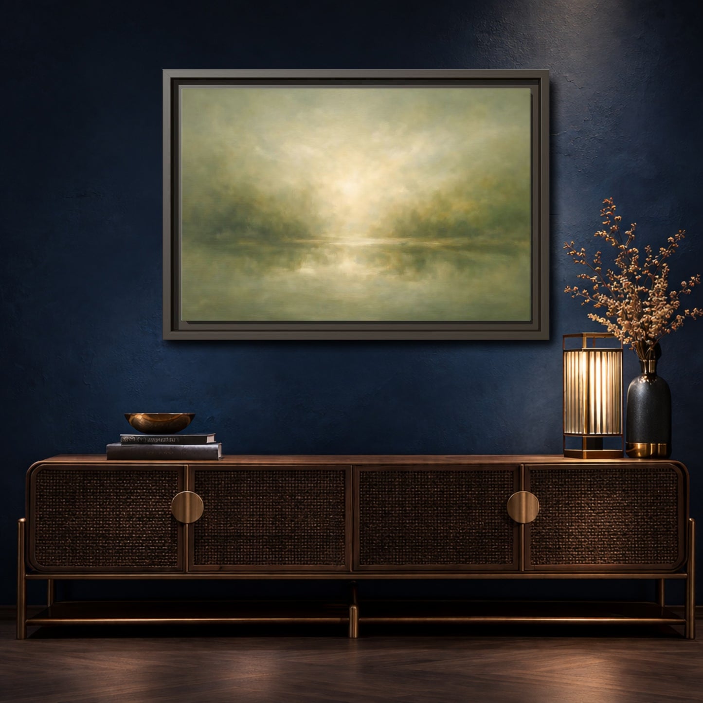 Mockup 4. Nature Misty Landscape Misty Green shown as stretched canvas wall art