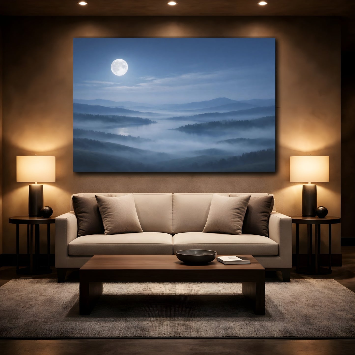 Mockup 2. Nature Misty Landscape Misty Moonlight shown as stretched canvas wall art