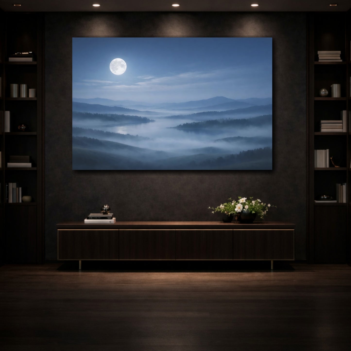 Mockup 3. Nature Misty Landscape Misty Moonlight shown as stretched canvas wall art