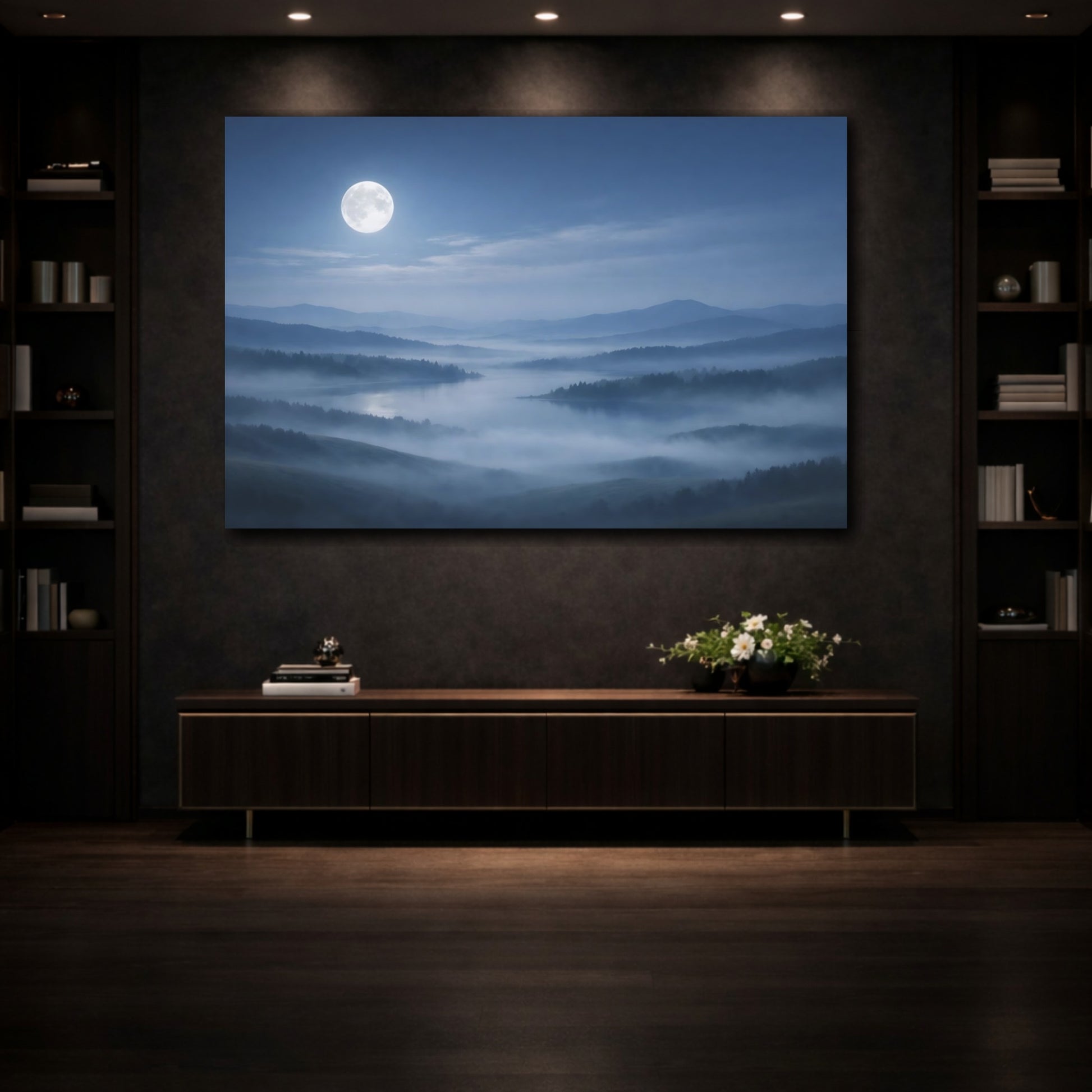 Mockup 3. Nature Misty Landscape Misty Moonlight shown as stretched canvas wall art
