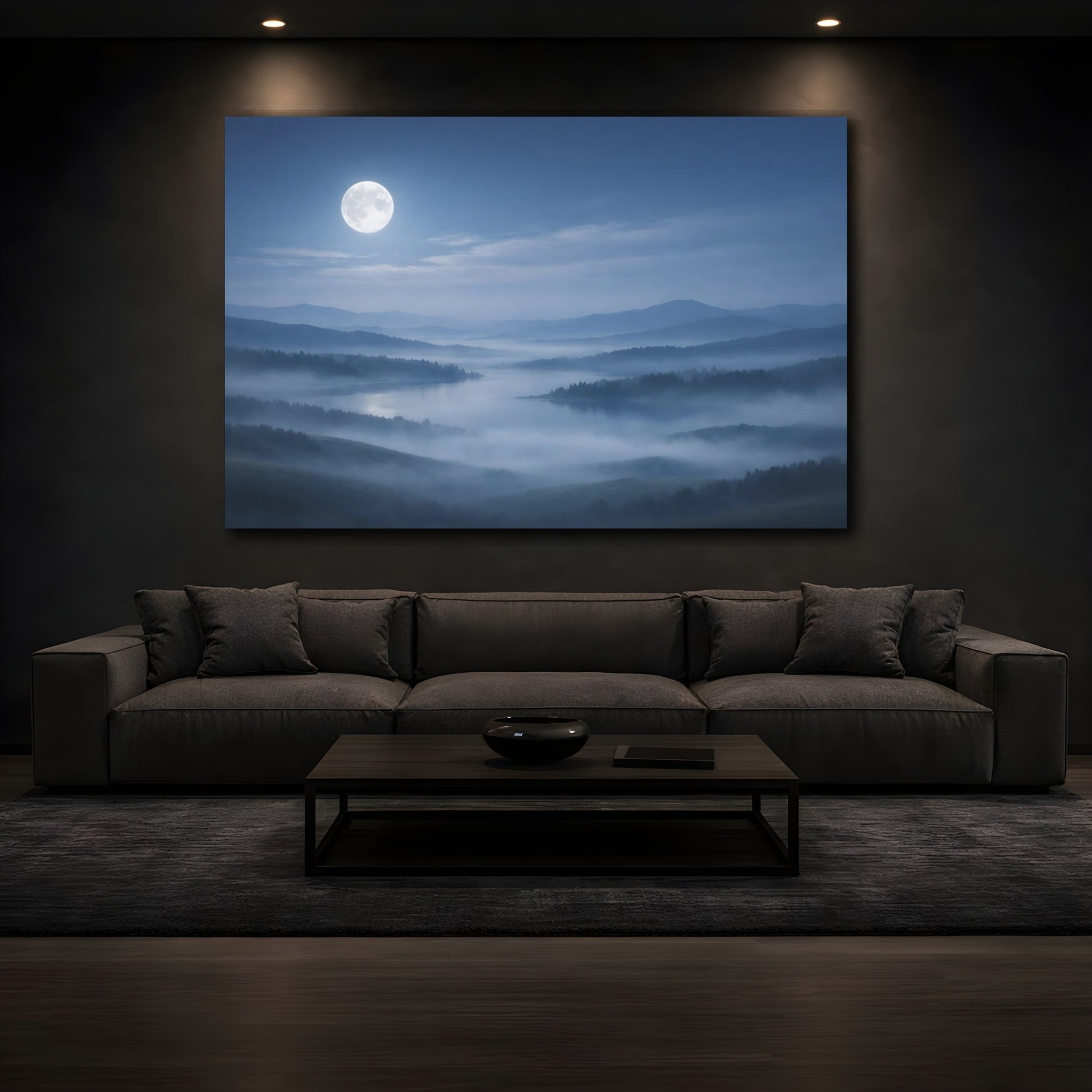 Mockup 4. Nature Misty Landscape Misty Moonlight shown as stretched canvas wall art